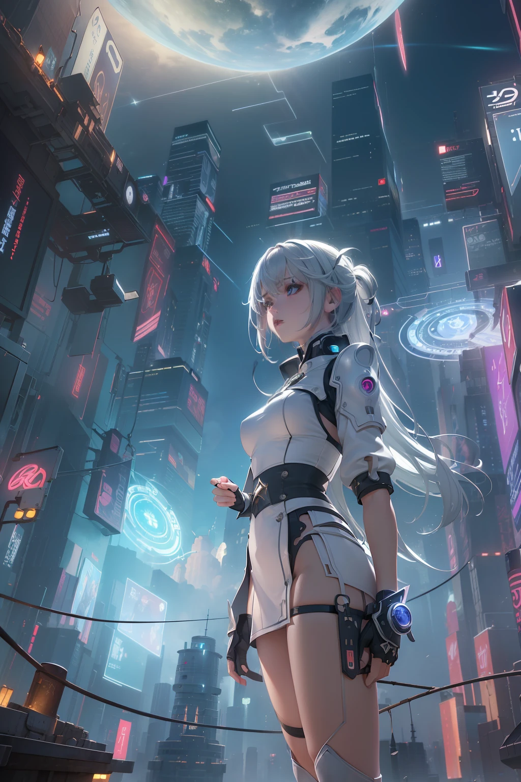 (((masterpiece)))、(((top-quality)))、((ultra-definition))、(High Definition CG Illustration)、((extremely delicate and beautiful))、City of the Future、Cinematic Light、独奏、cyberpunked、2040s、animesque、Dreamy girl、witch style、magic circles、Magical space、trending on artstationh、Rachel Walker、