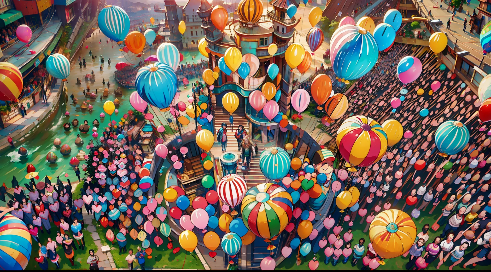 An inspiring aerial shot of the charity event, capturing the sea of smiling faces, balloons, and banners, symbolizing the triumph of love, compassion, and the transformative nature of human kindness.