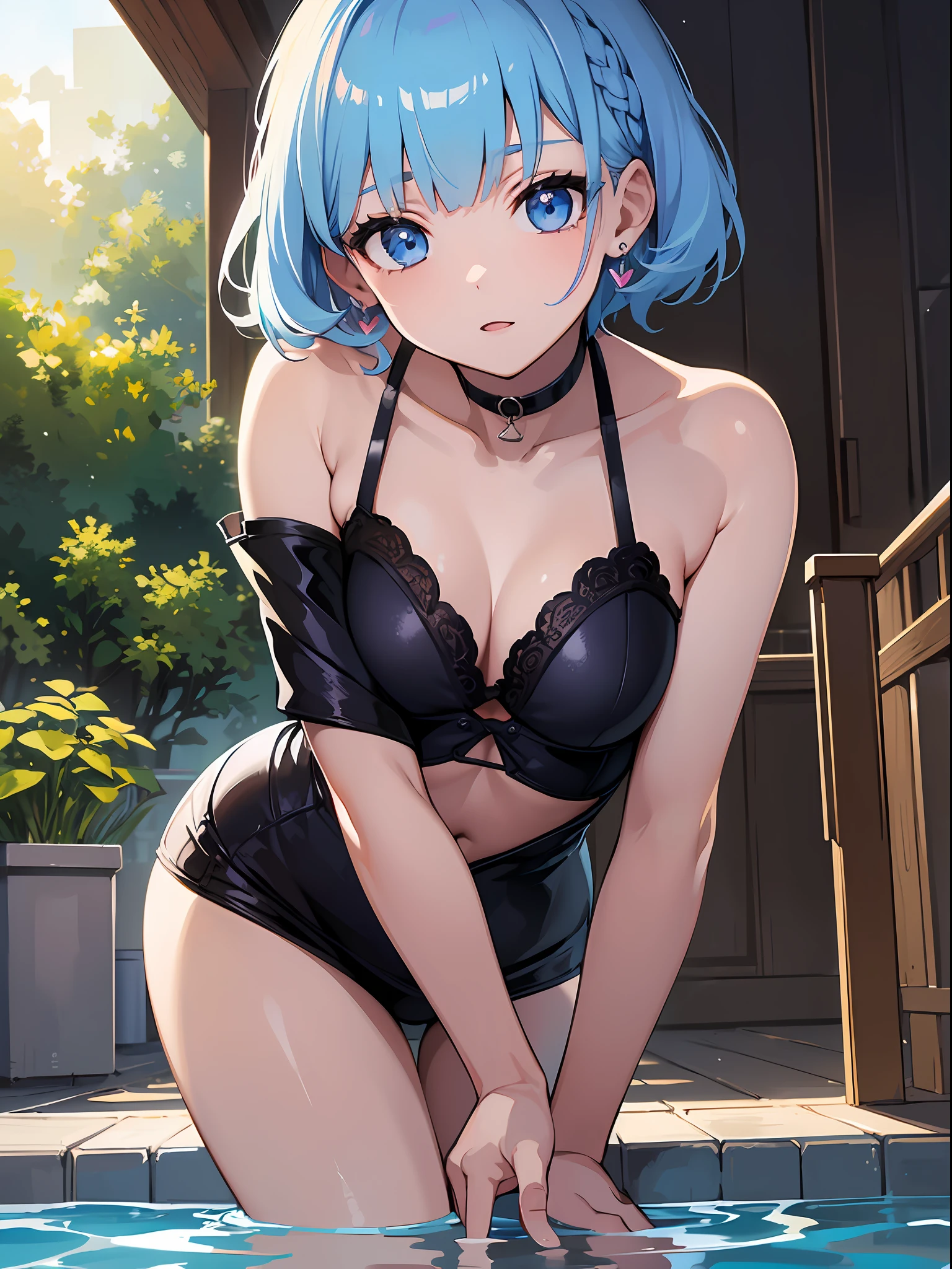 (masterpiece:1.3), (best quality:1.3), high resolution, 


overlook view, couboy shot, 
leaning forward, body facing forward, 

(one cute girl:1.3), solo, 
white skin, small Breast, eight-headed person, 
light blue hair, (bobbed hair:1.2), (short hair:1.1), (blunt bangs:1.2), beautiful hair, blue eyes, beautiful detailed eyes, 

heart, nervous, 

bikini, camisole, black dress, earrings, 

indoors, swimming pool, 

shadowlighting,