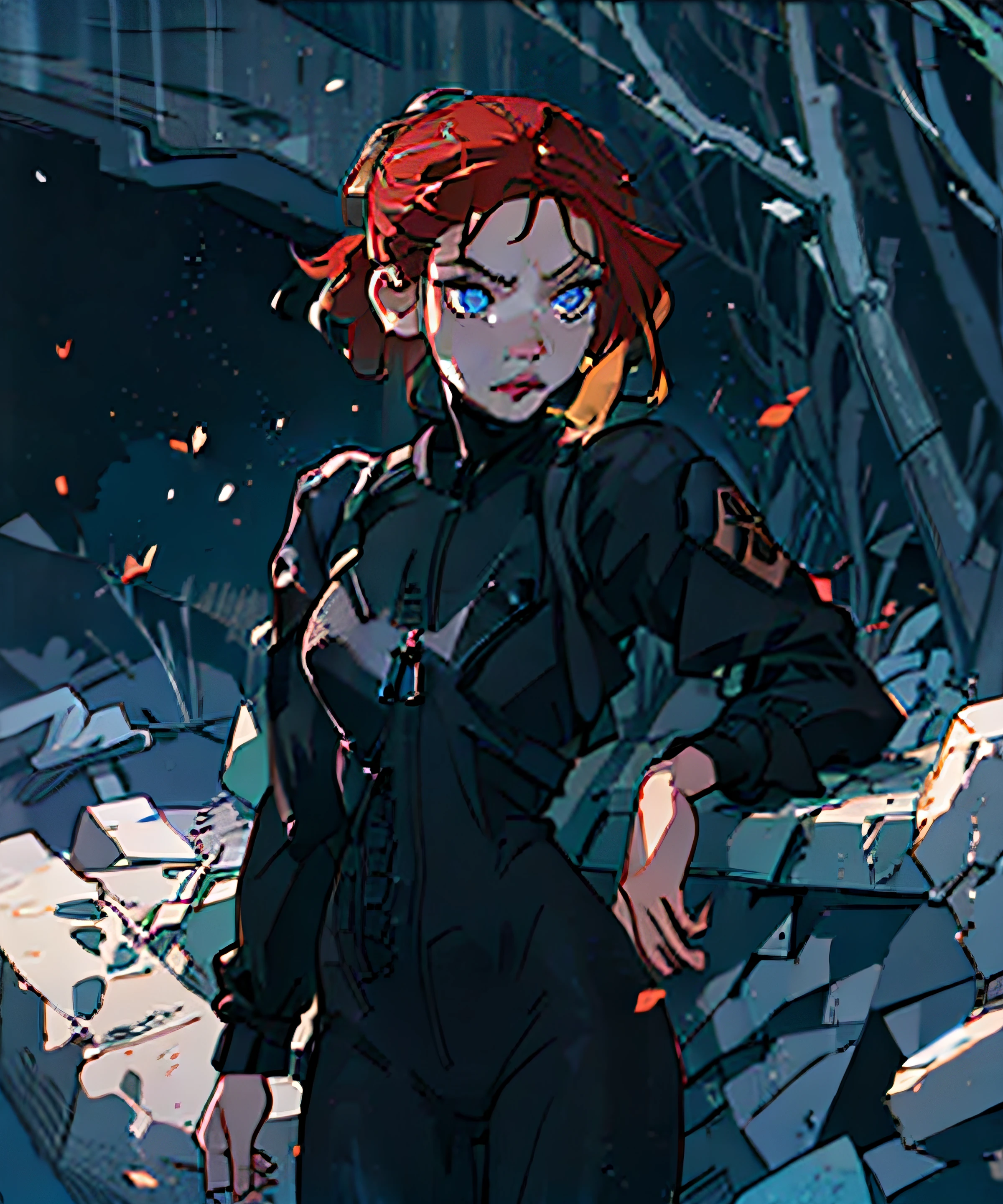 (scarlett:1.2), Scarlett Johansson, (black body suit:1.5), black widow, hair in messy bun, (short hair, red hair, blue eyes:1), ((blue eyes)), (dress:1), red hair, (realistic:1.2),  (masterpiece:1.2), (full-body-shot:1),(Cowboy-shot:1.2), gothic background,  light particles, neon lighting, dark romantic lighting, (highly detailed:1.2),(detailed face:1.2), (gradients), colorful, detailed eyes, (detailed landscape:1.2), (natural lighting:1.2),(detailed background),detailed landscape, (cute pose:1.2), close shot, solo,