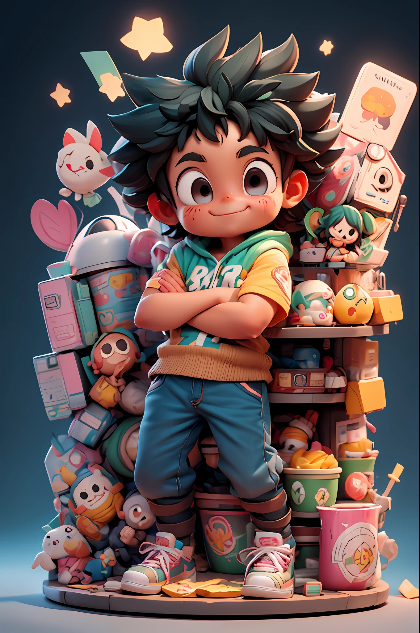 city street, Super cute Izuku Midoriya full body 3D image, 1pc, good eyes looking, big eyes, cute, happy, c4d, pop matt blind box, bright street light, toys, solid color background, chibi, fluorescent translucency, luminous body, kawaii, doll, Reference table, blind box pop mart, Pixar, complex details, 3D rendering, mixer, OC renderer, FOL body reference sheet, Dribble, High Details, 8K, Studio Lighting, Loli, Petite, ddler, Chibi, SD characters: 23, Magic Space Warehouse background, closed hands, fist, closed hands