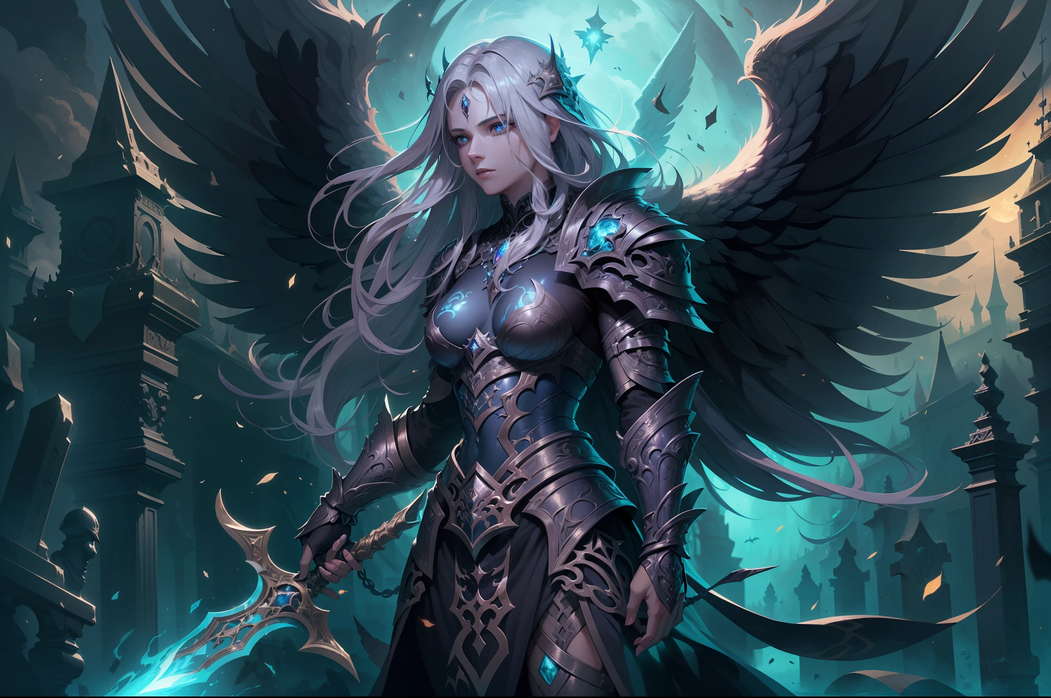 Fine, (Best Illustration), 8k Resolution, Intricate Details, Best Quality, Realistic, Ultra Detailed, Best Lighting, Best Shadows, Ultra HD, epic exquisite character art, amazing character art, dark fantasy art, gothic art, RPG art, a scenic picture of a battle female aasimar paladin in a dark cemetery, most beautiful female aasimar, (intense details, Masterpiece, best details: 1.5), metallic hair, long hair (intense details, Masterpiece, best details: 1.5), braided hair, dynamic eyes, intense eyes (intense details, Masterpiece, best details: 1.5), wearing heavy metal armor, armed with sword, magical sword, swords sheds blue light (intense details, Masterpiece, best details: 1.6) holy symbol, holy symbol shines with blue magic, angelic wings, large angelic wings, spread angelic wings (intense details, Masterpiece, best details: 1.5), fantasy cemetery, undead rising from graves (intense details, Masterpiece, best details: 1.5), sense of dread, sense of fear, moon light, stars light, moon, stars, clouds, sense of danger