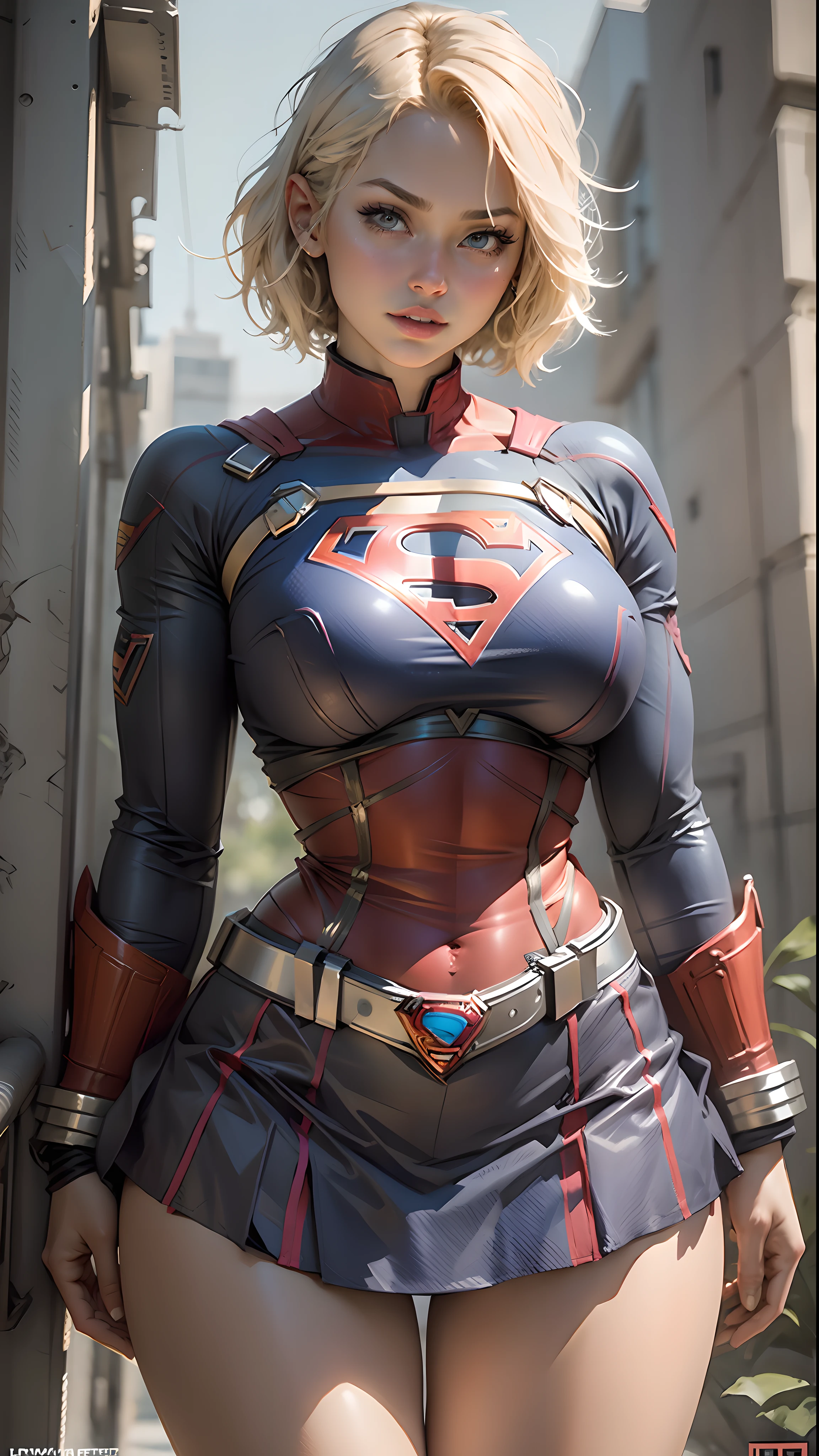 Beautiful woman short hair defined body big breasts, big thighs wearing a Supergirl cosplay