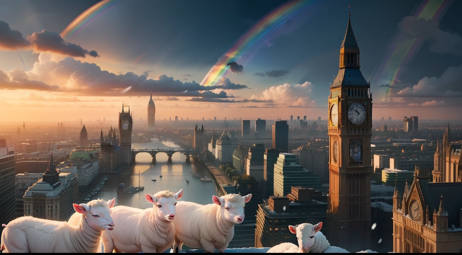 4 lambs standing on top of a tall building in the middle of London city looking around curiously, (((wide shot))), sunset in background, skyscrapers, Big Ben, London bridge, buildings, city skyline, vibrant sky, subject: 4 lambs standing on roof top of tall building, cinematic, hyper realistic photo, 8k render, curious animals, overcast, (((4 lambs))), (((rainbow in sky))), snowfall, candid photo, English, city life