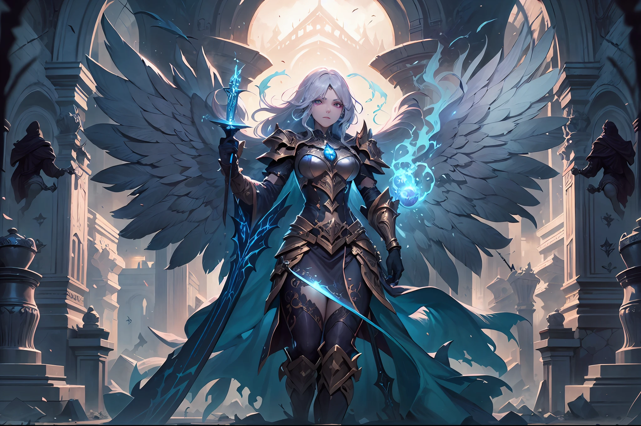 Fine, (Best Illustration), 8k Resolution, Intricate Details, Best Quality, Realistic, Ultra Detailed, Best Lighting, Best Shadows, Ultra HD, epic exquisite character art, amazing character art, dark fantasy art, gothic art, RPG art, a scenic picture of a battle female aasimar paladin in a dark cemetery, most beautiful female aasimar, (intense details, Masterpiece, best details: 1.5), metallic hair, long hair (intense details, Masterpiece, best details: 1.5), braided hair, dynamic eyes, intense eyes (intense details, Masterpiece, best details: 1.5), wearing heavy metal armor, armed with sword, magical sword, swords sheds blue light (intense details, Masterpiece, best details: 1.6) holy symbol, holy symbol shines with blue magic, angelic wings, large angelic wings, spread angelic wings (intense details, Masterpiece, best details: 1.5), fantasy cemetery, undead rising from graves (intense details, Masterpiece, best details: 1.5), sense of dread, sense of fear, moon light, stars light, moon, stars, clouds, sense of danger