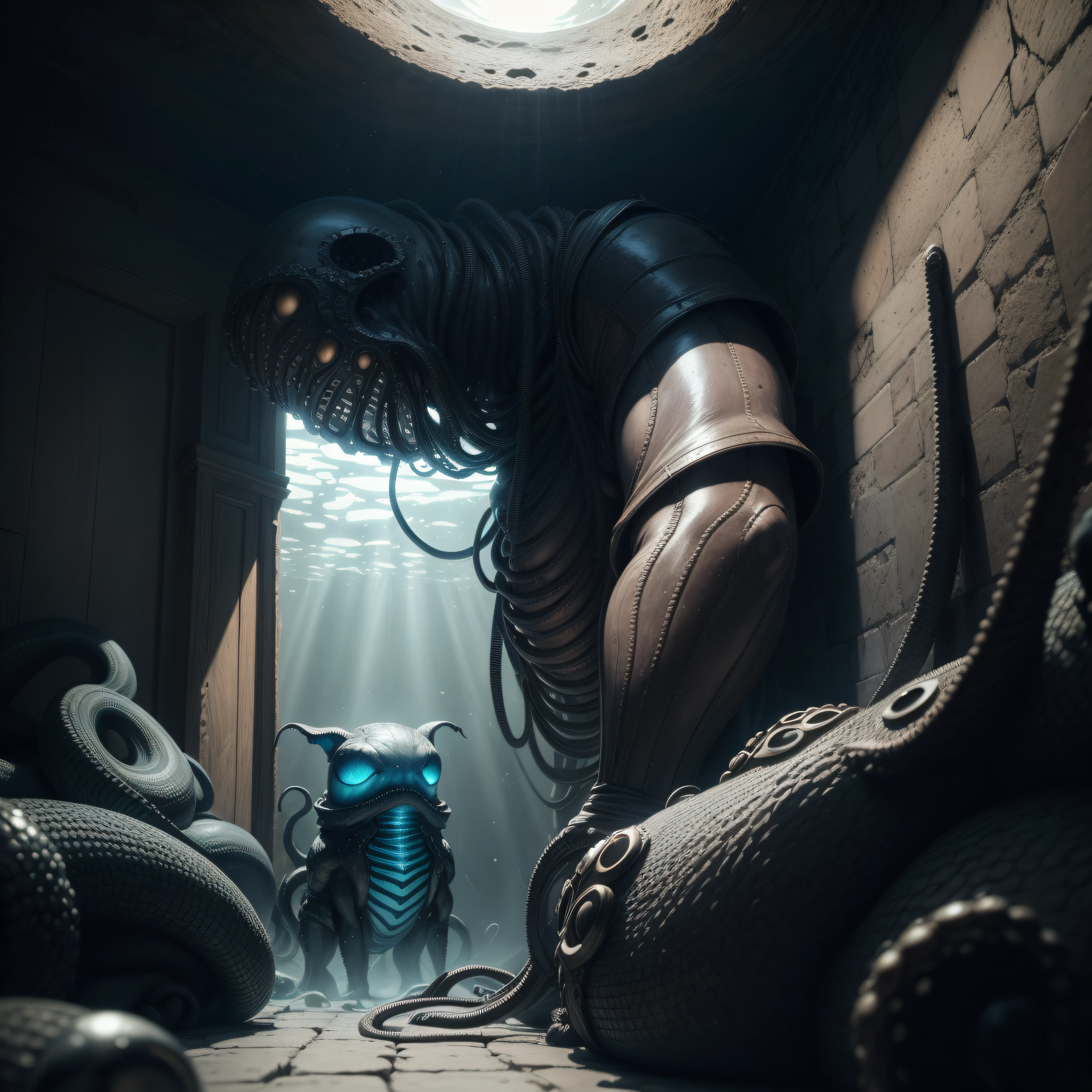 (extremadamente detallado, obra maestra, La mejor calidad), Estilo oscuro, intense illumination, rostro bello, ciborg, torso desnudo, cables enchufados por el cuerpo, lengua larga, tentacle, deforme, monstruoso, interior de una piscina de agua verdosa, imagen submarina, alien con Colmillos finos, pico de pulpo amenazante. manchas de tinta. Rococo composition. Luz de caravaggio