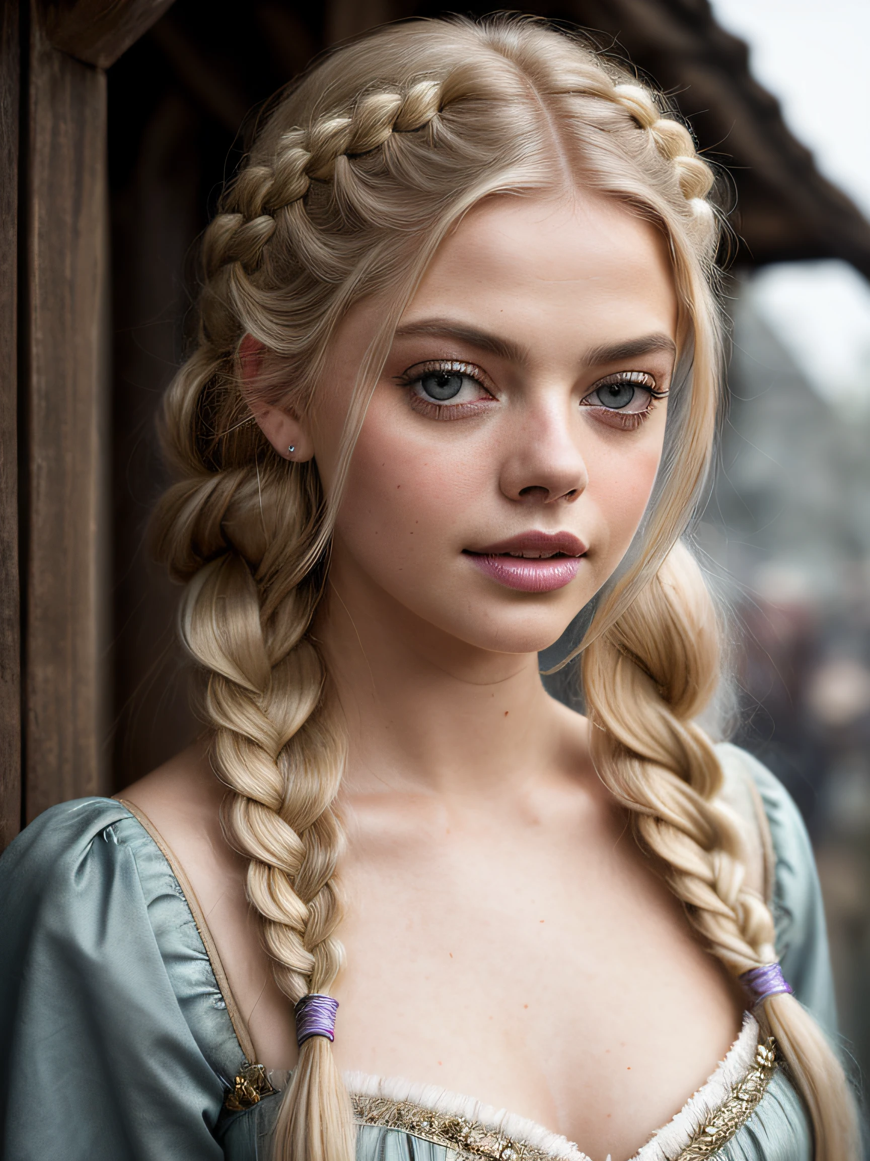 A (portrait photography: 1.2) close up portrait of Samara Weaving as a gorgeous 26 years old medieval fantasy prostitute, pale blonde hair, big single long braid, fantasy medieval fantasy prostitute nice clothes, intellingent look, enticing smile, in a big medieval fantasy city, overcast, cinematic lighting, Canon EOS 5D Mark IV