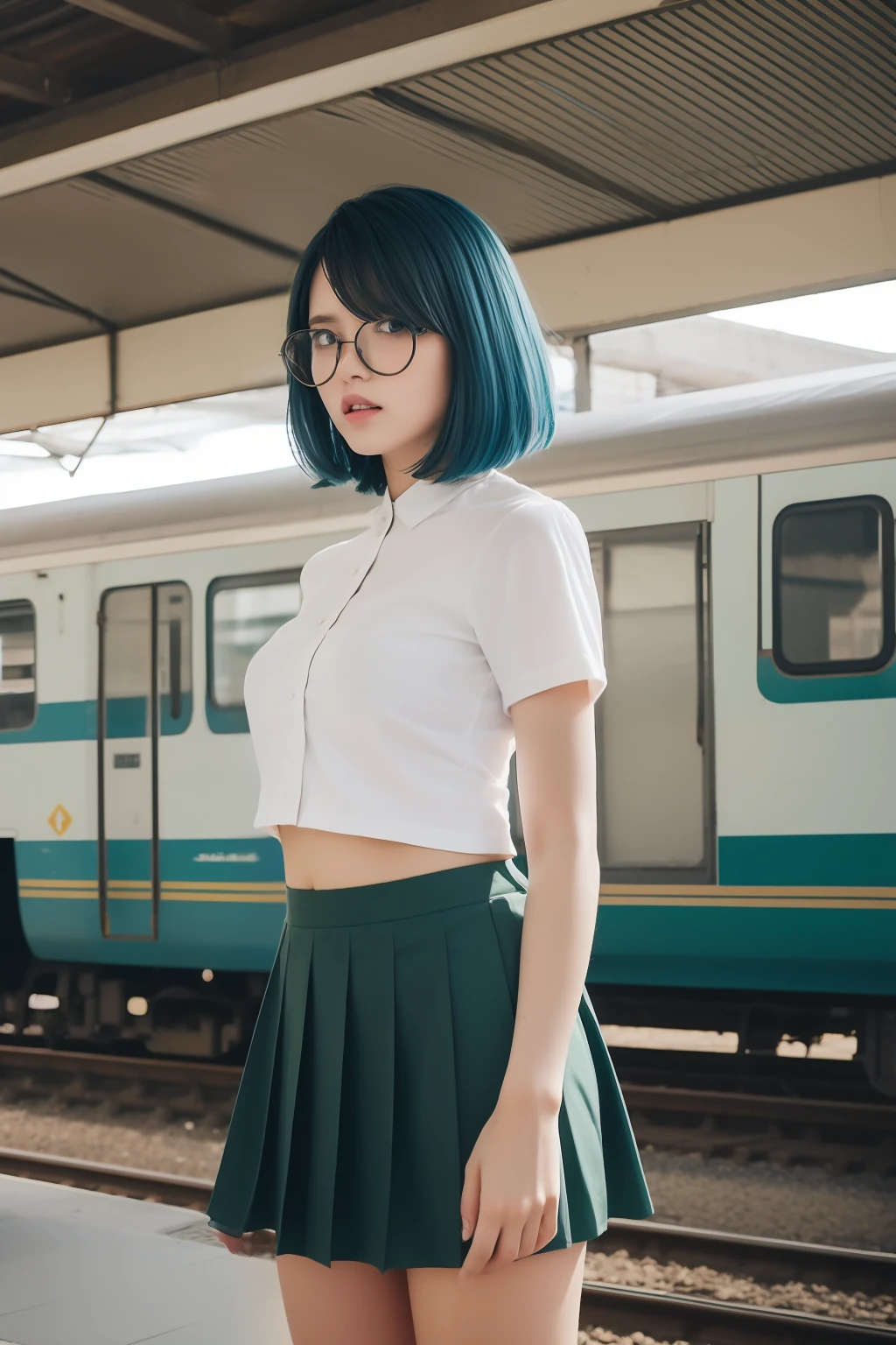 1girl, round blue eyes, short pixie cut, blue hair, black inner hair color, pupils, red rimmed glasses, small breasts, white shirt, short sleeves, , pleated skirt, pattened peppermint green cotton panties, ;D, standing, in local Station platform, cowboy shot from below, wedgie, full body