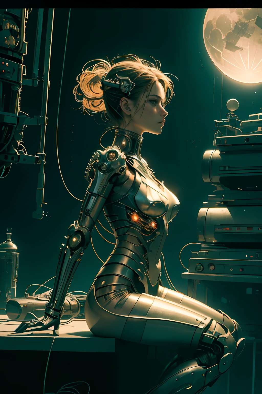 (masterpiece, top quality: 1.3), (super detailed: 1.3), (very detailed CG illustration), (very delicate and beautiful), from the side, cinematic light, (1 mechanical girl), solo, whole body, (machine-made joints), mechanical limbs, blood vessels connected to tubes, mechanical vertebrae attached to the back, (mechanical cervical attached to the neck), sitting, wires and cables attached to the neck and body, character focus, science fiction, RAW photography, movie masterpieces, majestic magnificent magnificent composition, sci-fi city, (movie scene), full shot, spectacular dynamic frames, motion blur, sci-fi, cyber, (((Siennatic Look))), rim light, film grain, natural skin texture, 24mm, 4K texture, (perfect body, skinny, slim), ((Camelto: 1.3)),