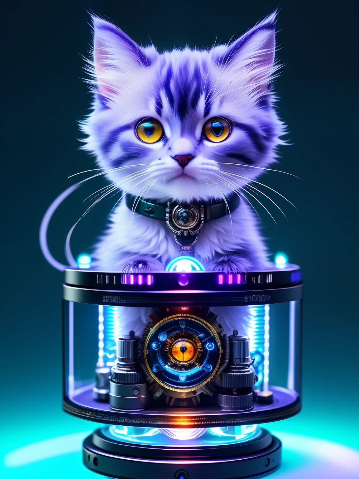 Cute fluffy kitten made of metal、cyborgs、Cyberpunk style、clockwork、((intricate-detail))、hdr、big eye、((intricate-detail、ultra-detailliert))、Vacuum tube or electron tube、Cinematic Shots、vignettes、Bokeh effect tortoiseshell、kirakira