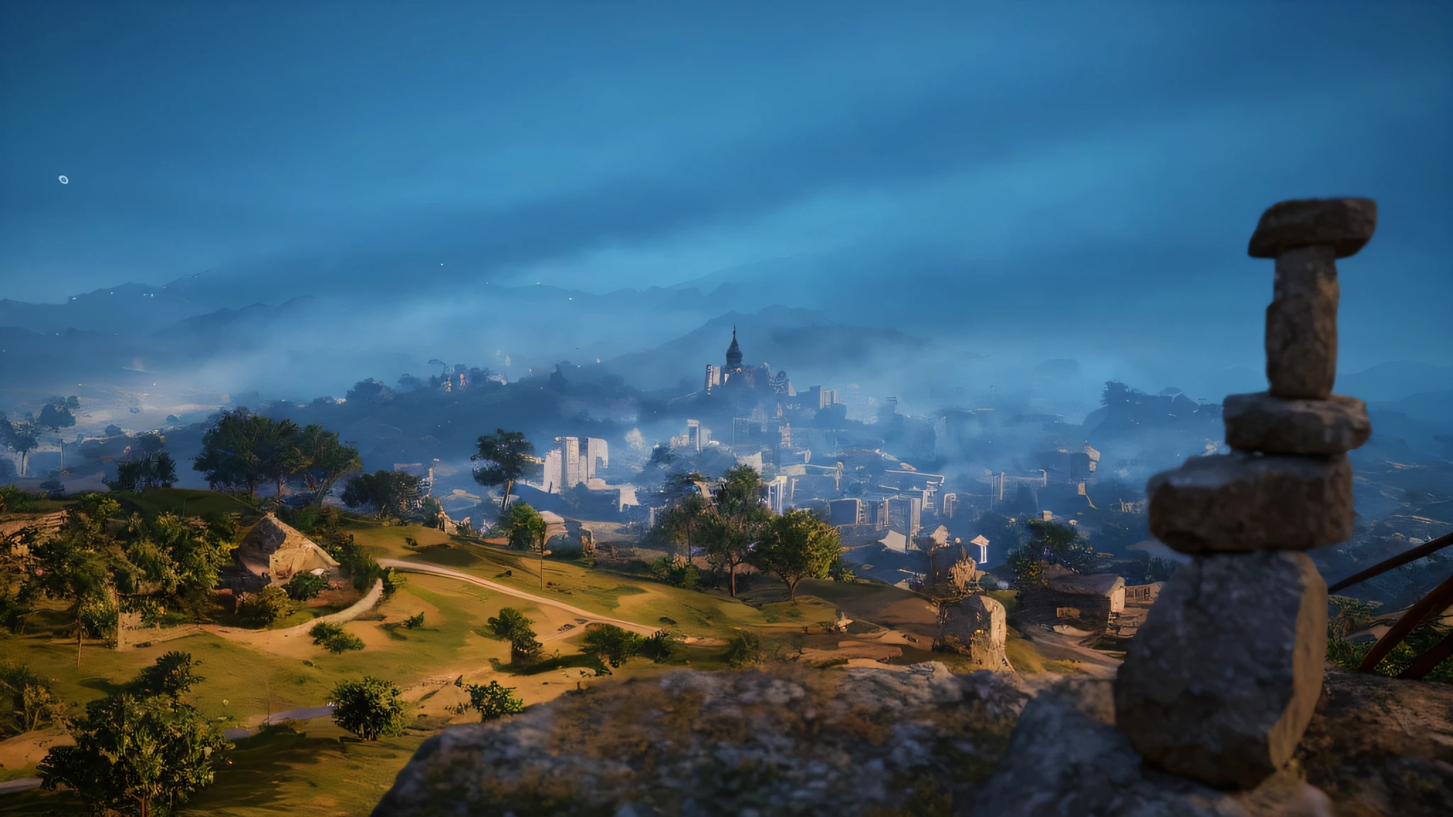 um close up de uma torre de rocha em uma colina com uma cidade ao fundo, Aldeias ， Motor irreal, CryEngine 16K UHD, CryEngine 16K UHD, CryEngine render 16K uhd, CryEngine 16K, CryEngine render 18K, foto realista de uma cidade, renderizado em cryengine, wide view cinematic lighting, com cryengine