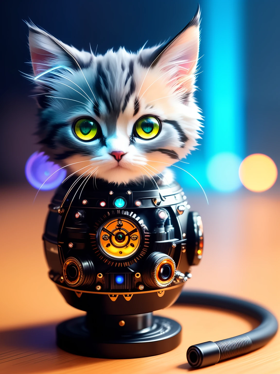 Cute fluffy kitten made of metal、cyborgs、Cyberpunk style、clockwork、((intricate-detail))、hdr、big eye、((intricate-detail、ultra-detailliert))、Vacuum tube or electron tube、Cinematic Shots、vignettes、Bokeh effect tortoiseshell、kirakira