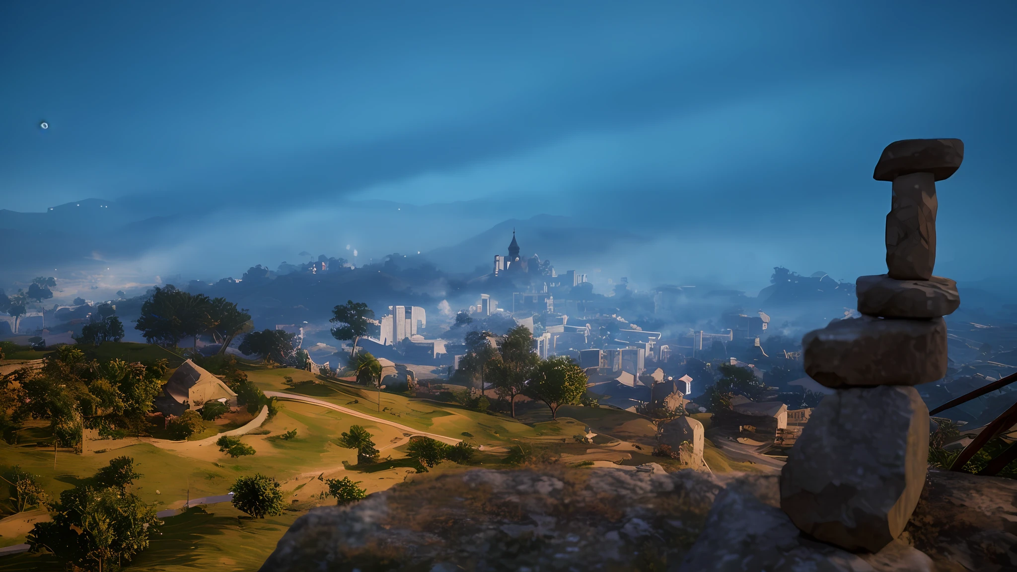 um close up de uma torre de rocha em uma colina com uma cidade ao fundo, Aldeias , Motor irreal, CryEngine 16K UHD, CryEngine 16K UHD, CryEngine render 16K uhd, CryEngine 16K, CryEngine render 18K, foto realista de uma cidade, renderizado em cryengine, wide view cinematic lighting, com cryengine