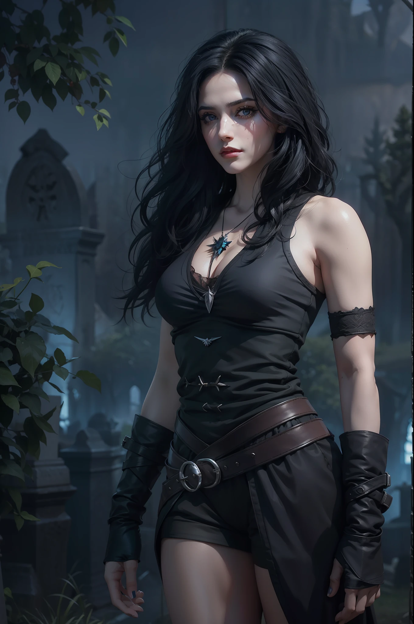 Mulher bonita que lembra Yennefer de The Witcher com longos cabelos pretos e olhos violetas brilhantes, obra prima, ultra qualidade, 8k, cabelos caindo sobre seus ombros, in the background a cemetery, She's wearing a tank top.