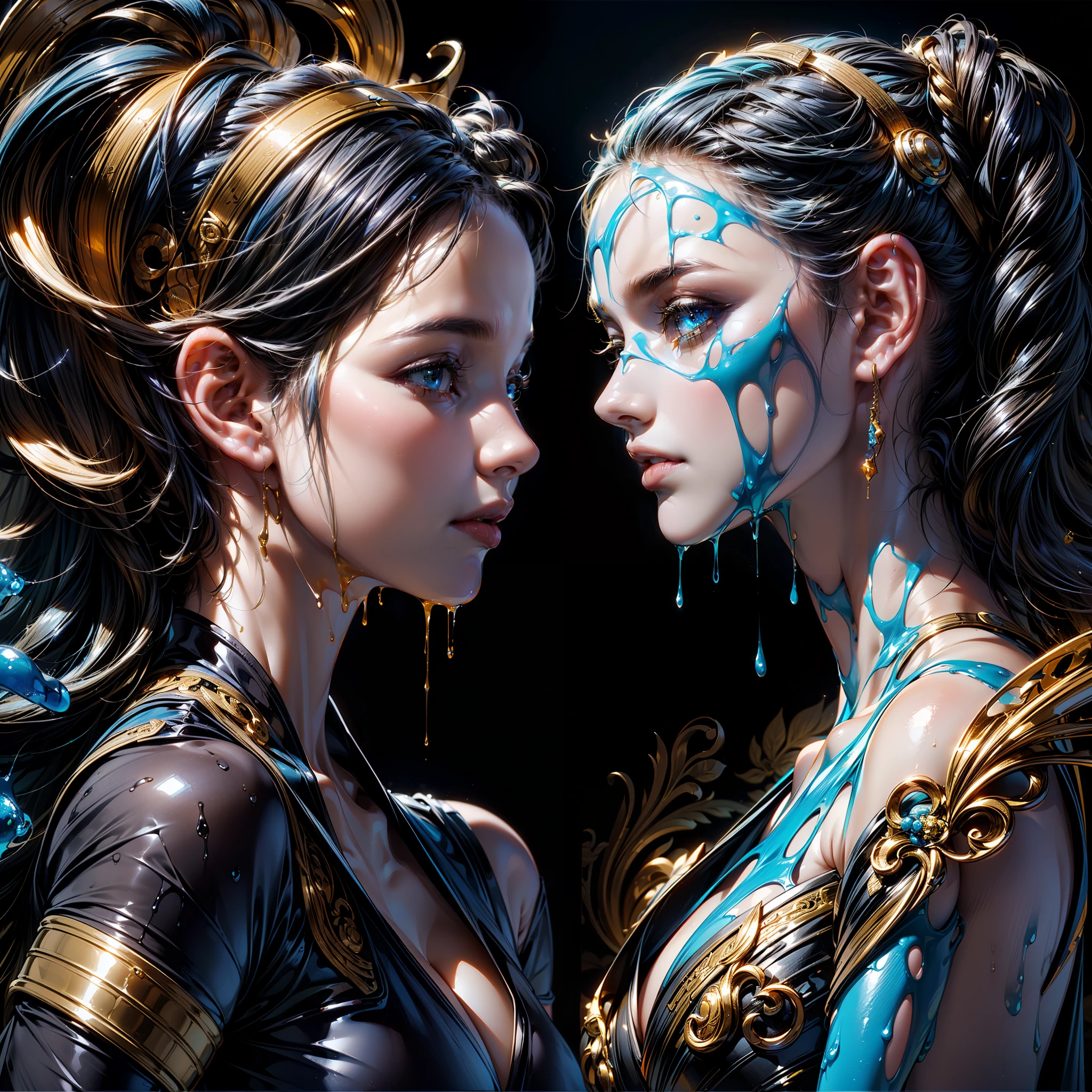(one woman has blue eys, golden hair and is covered in orange yellow liquid paint), (another woman has golden eyes, black hair and is covered in blue liquid paint), (masterpiece, 8k, extreme detail, level detail, layer detail, layers, liquid detail), vibrant colours, (detailed: 2.0)