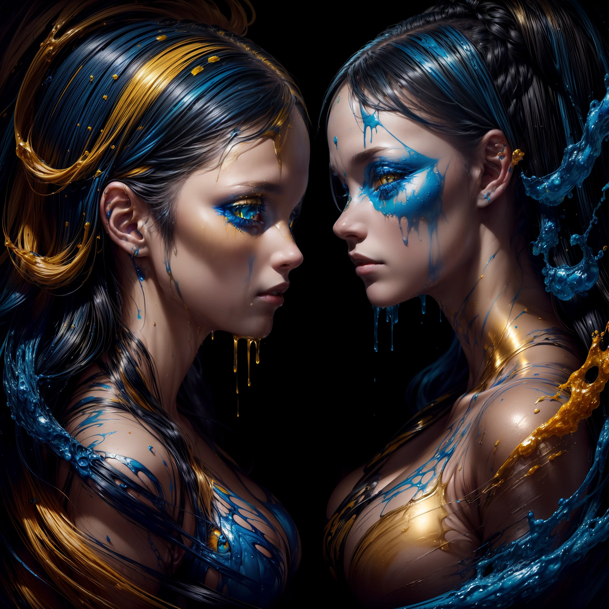 (one woman has blue eys, golden hair and is covered in orange yellow liquid paint), (another woman has golden eyes, black hair and is covered in blue liquid paint), (masterpiece, 8k, extreme detail, level detail, layer detail, layers, liquid detail), vibrant colours, (detailed: 1.5)