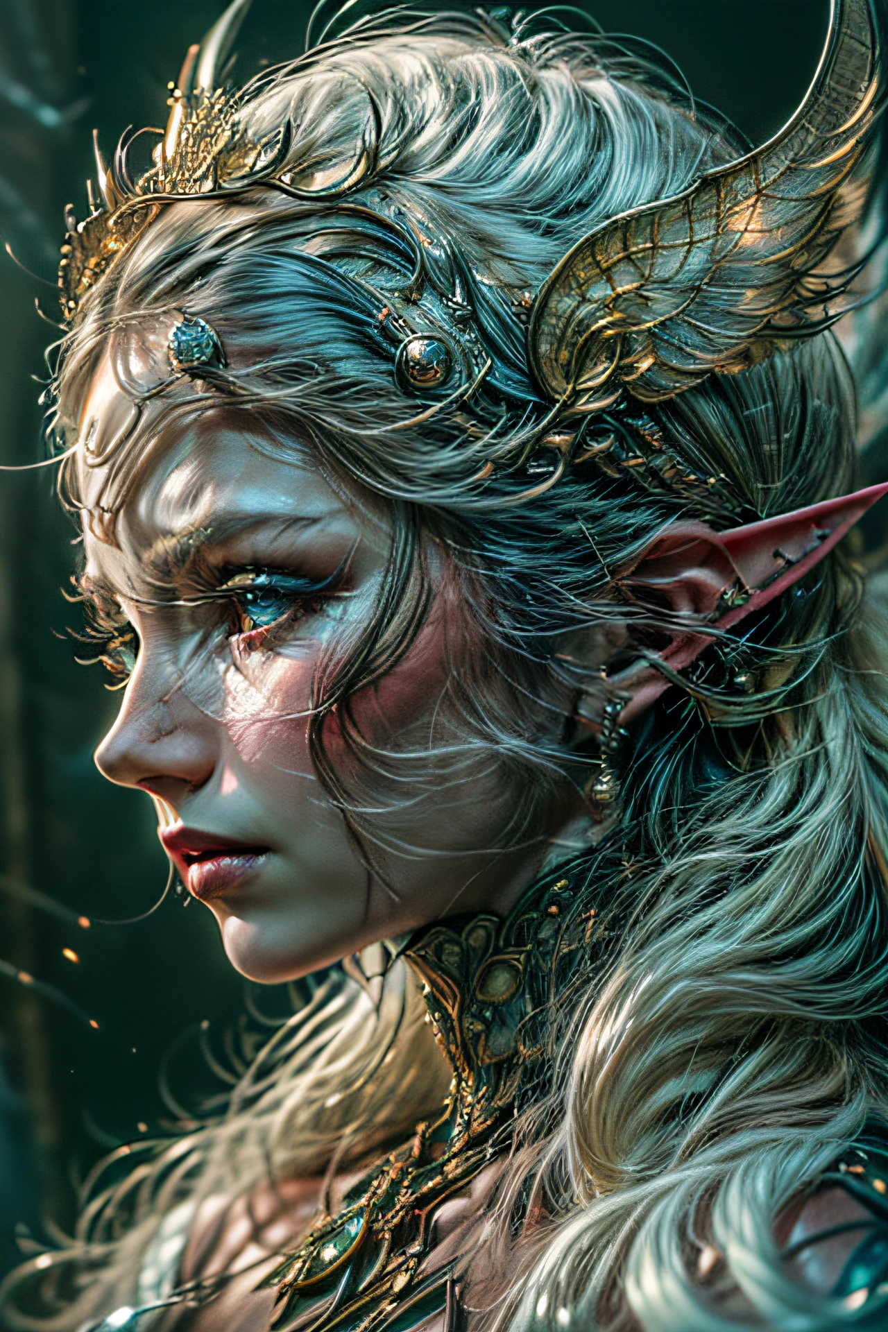 (masterpiece, high resolution:1.3), (studio portrait of an elven woman in profile:1.2), (her deep blue eyes radiating with a powerful glow:1.1), (Nikon Z7 II camera, perfect for capturing intricate details:1.2), (paired with the Nikon NIKKOR Z 85mm f/1.8 S lens:1.2), (the elfa's flawless skin exuding a sense of ethereal beauty:1.1), (her long silver hair cascading gracefully:1.1), (a gentle and kind expression gracing her face:1.1), (the focus on the enchanting profile of the elven woman:1.1), (the studio background a captivating black, emphasizing her presence:1.1), (the elfa adorned with delicate and elegant jewelry:1.1), (a black woolen attire embracing her neck:1.1), (the portrait capturing her mysterious allure and elegance:1.1), (a moment of quiet grace and beauty:1.1), (her captivating eyes drawing viewers into the depths of her soul:1.1), (a timeless portrayal of a mythical being in a studio setting:1.1), (the subtle play of light and shadow accentuating her features:1.1), (a perfect harmony of mystique and elegance:1.1), (the elven woman embodying an ageless beauty:1.1), (an image that transports viewers to a realm of fantasy and wonder:1.1), (the impeccable studio lighting highlighting her every detail:1.1), (a captivating and serene representation of an ethereal creature:1.1), (a moment captured in time, where fantasy meets reality:1.1), (the studio setting adding a sense of timelessness to the portrait:1.1), Cinematic, Hyper-detailed, insane details, Beautifully color graded, Unreal Engine, DOF, Super-Resolution, Megapixel, Cinematic Lightning, Anti-Aliasing, FKAA, TXAA, RTX, SSAO, Post Processing, Post Production, Tone Mapping, CGI, VFX, SFX, Insanely detailed and intricate, Hyper maximalist, Hyper realistic, Volumetric, Photorealistic, ultra photoreal, ultra-detailed, intricate details, 8K, Super detailed, Full color, Volumetric lightning, HDR, Realistic, Unreal Engine, 16K, Sharp focus, Octane render