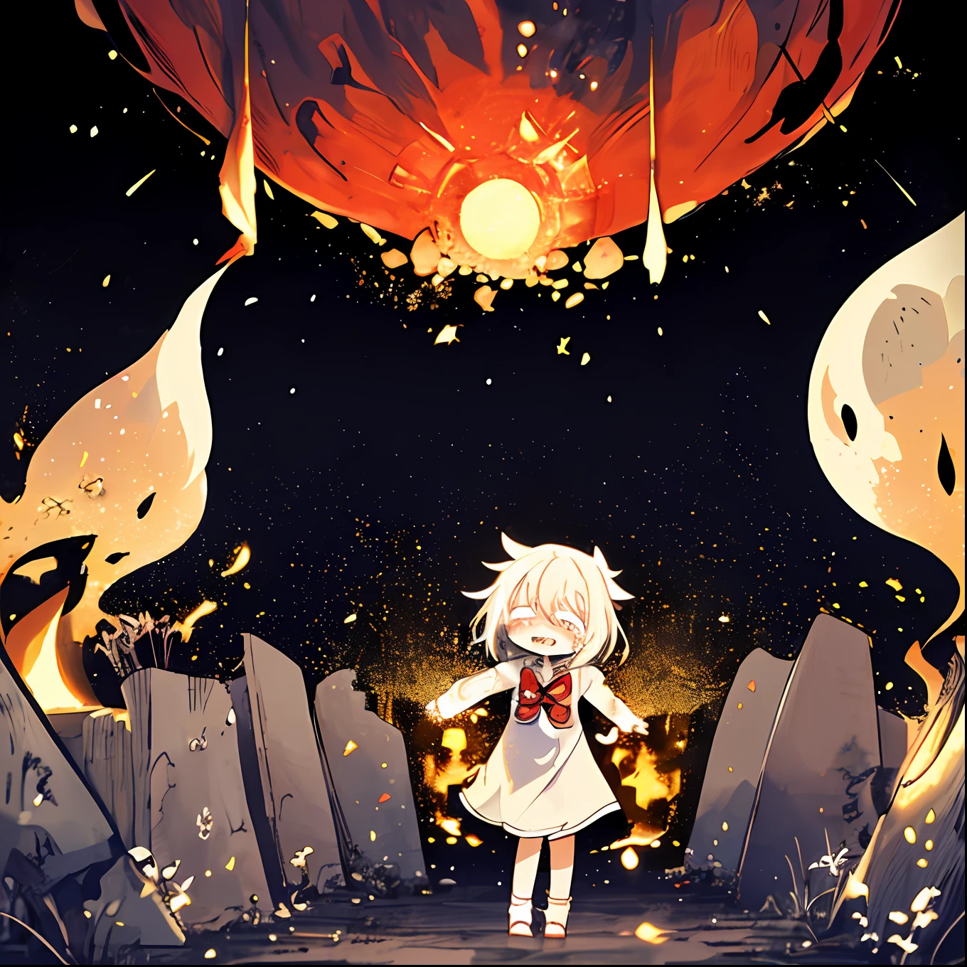 dark backgrounds、girl with、A smile、Beautifully detailed、Moya、colourfull、marble、Particles of light、patterns、Strange story、youkai、ghosts、phantom、Summer evening、test of courage、Running lights、Fireball、tomba、burial site、Crying girl