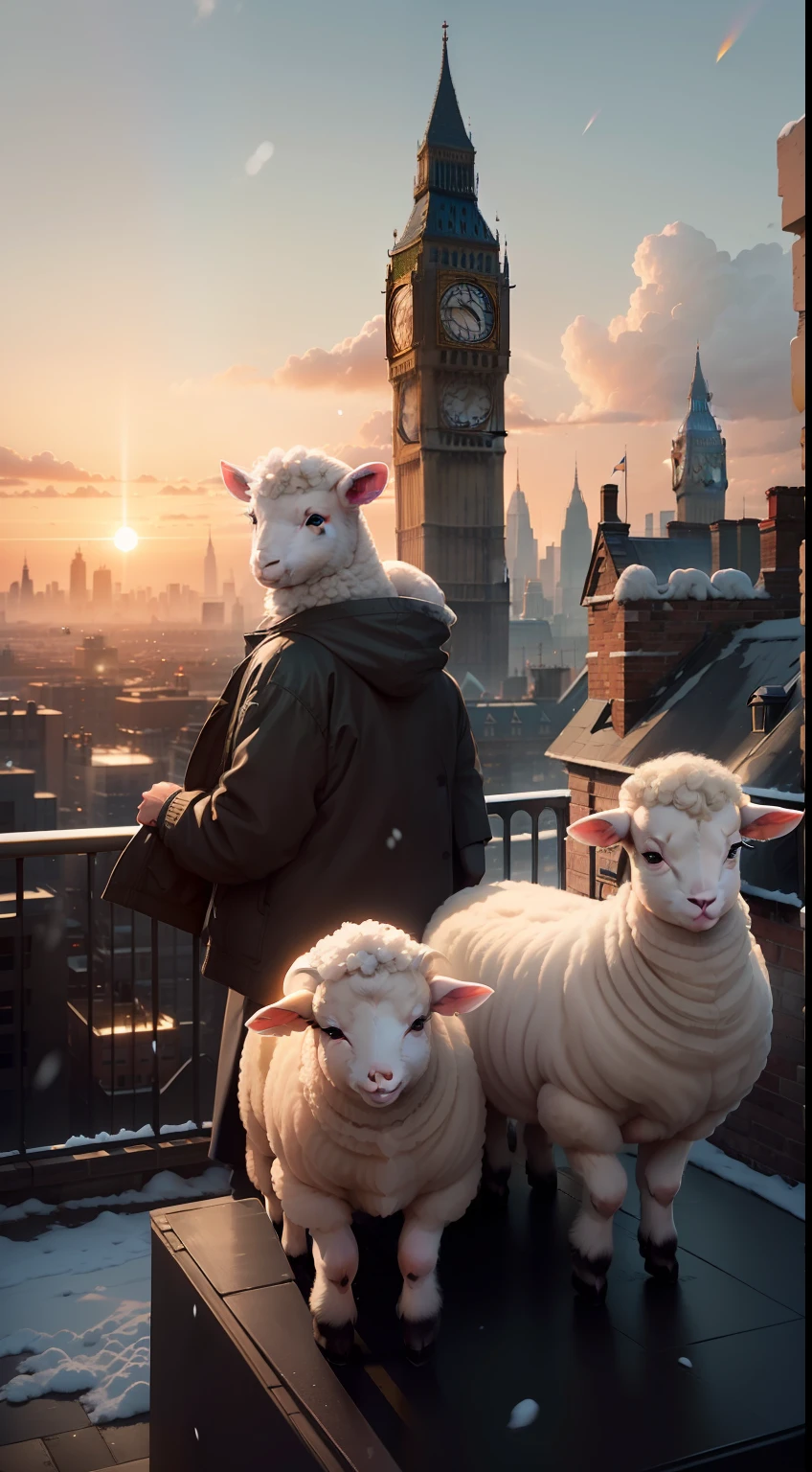 4 lambs standing on top of a tall building in the middle of London city looking around curiously, (((wide shot))), sunset in background, skyscrapers, Big Ben, London bridge, (((London skyline))), buildings, city skyline, vibrant sky, subject: 4 lambs standing on roof top of tall building, cinematic, hyper realistic photo, 8k render, curious animals, overcast, (((4 lambs))), rainbow in sky, snowfall, candid photo, English, city life, (((wide shot)))