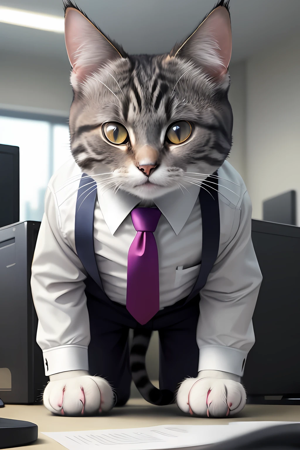 Cat in a suit、Adjusting the tie、A hyper-realistic、hightquality、Photorealsitic、officeworker
