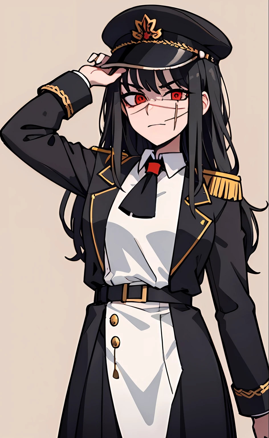 (masterpiece, best quality: 1.2), Solo, 1girl, Yoru \(Chainsaw Man\), looking at the viewer, different poses, red eye, long hair, completely black hair, reference to clothing of a German WWII general, black long sleeves (best quality), scar on face, beautiful eyes, has only 2 arms, has war medals on his clothes, Black Military Cap, Golden Eagle Medal on Clothing, (Wallpaper), (8K HD), (8K HD), Golden Shoulder Pads, Sprites, 1 Single Design (obra maestra, mejor calidad: 1.2), Solo, 1girl, Yoru \(Chainsaw Man\), mirando al espectador, sonrisa, MALVADA, diferentes poses, ojo rojos, cabello largo, cabello completamente negro, reference to clothing of a German general from World War II, mangas largas negras (mejor calidad), cicatriz en la cara, hermosos ojos, tiene solo 2 brazos, tiene medallas de guerra en su ropa, Gorra militar negra, Golden Eagle Medal in Dress, (fondo de pantalla), (8K HD), (8K HD), hombreras doradas, sprites, 1 single design