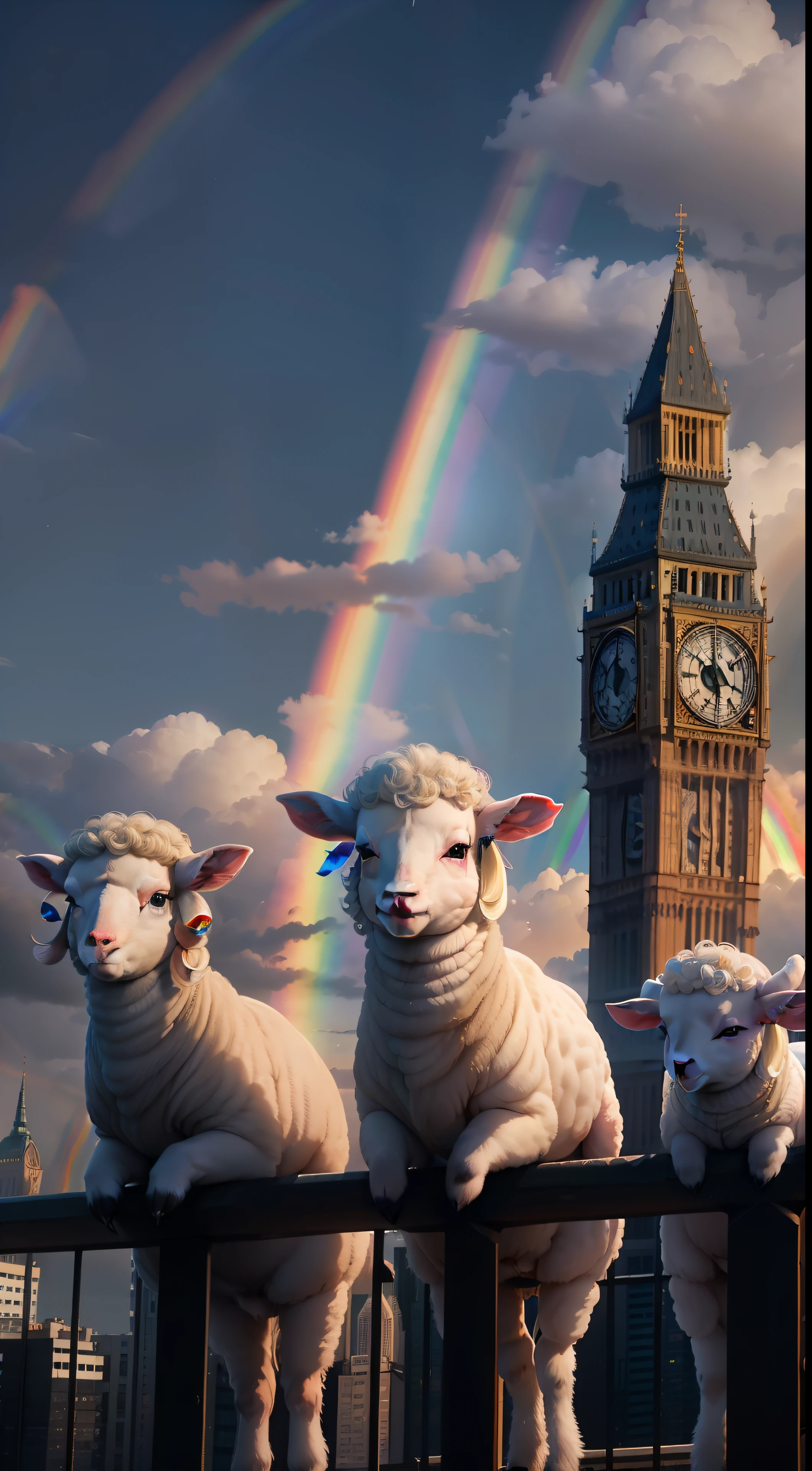 4 lambs standing on top of a tall building in the middle of London city looking around curiously, (((wide shot))), sunset in background, skyscrapers, Big Ben, London bridge, (((London skyline))), buildings, city skyline, vibrant sky, subject: 4 lambs standing on roof top of tall building, cinematic, hyper realistic photo, 8k render, curious animals, overcast, (((4 lambs))), (((rainbow in sky))), snowfall, candid photo, English, city life, (((wide shot)))