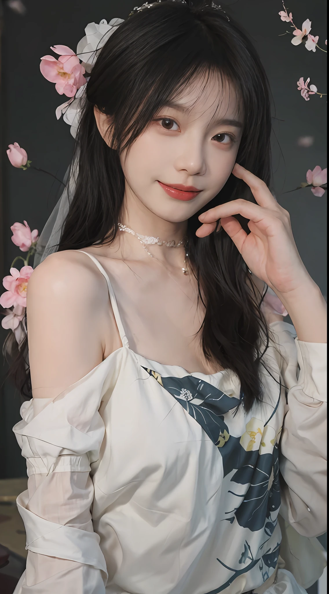 best qualtiy， 超高分辨率， （realisticlying：1.4），cute hairpin，Baoyu Girl，Stand in the wedding hall，（flatchest：1.1） ，A pair of clear and moving peach blossom eyes,Royal Sister，sunshine on face，Big wavy hairstyle，（choker necklace：1.2），（Fair skin：1.4），a sense of atmosphere，a beauty girl， ssmile，head straight-looking at viewer， closeup cleavage ，(Photorealistic:1.4),1girll,Sexy,(Upper body:1.4),(Wet body),(:1.2)