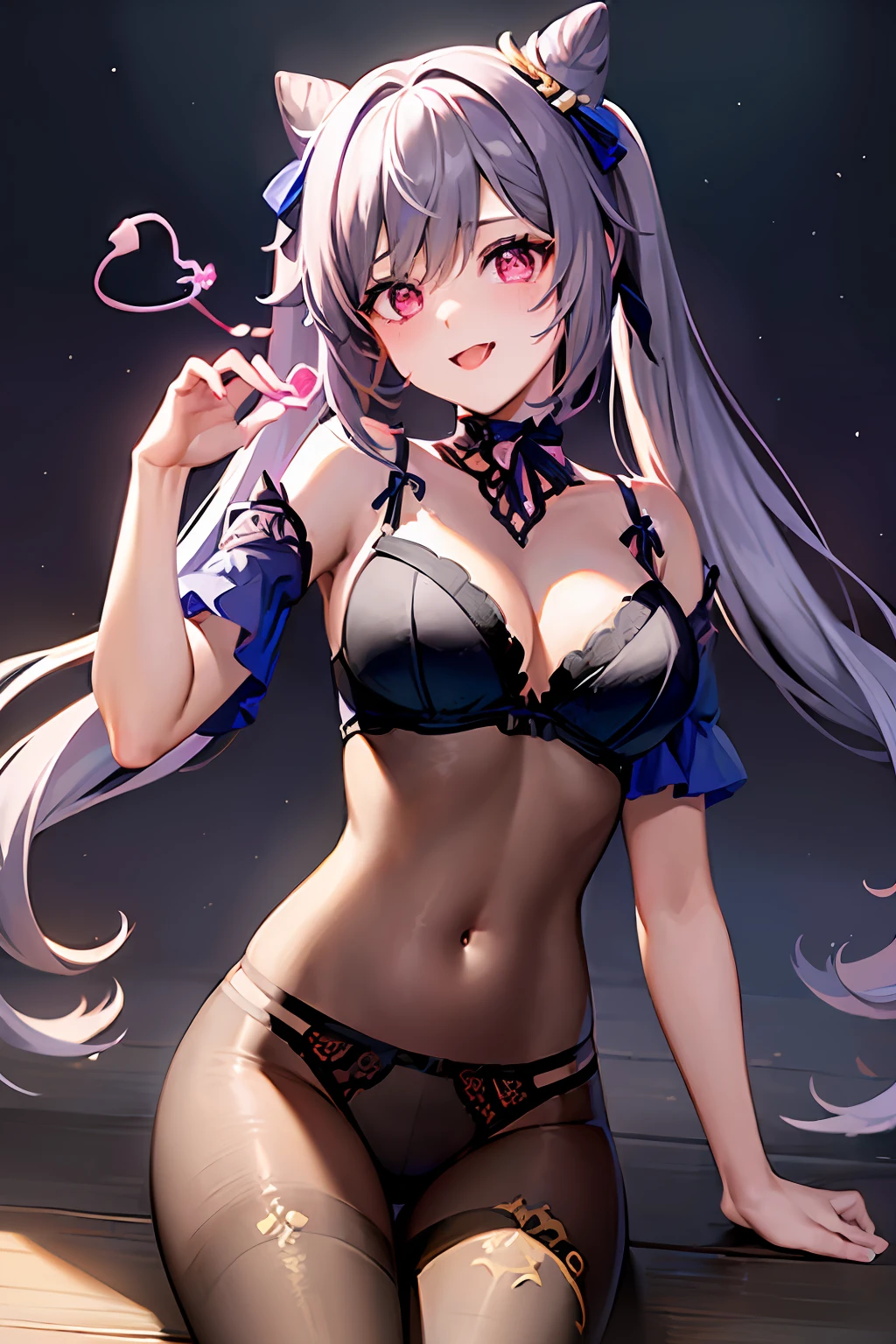 ((Keqing)), (nua:1.2), (lingerie transparente:1.5), (rosto corado:1.3), sorridente, tongue stickout, (heart-shaped pupil:1.5), ((tiro de cowboy)), se masturbando