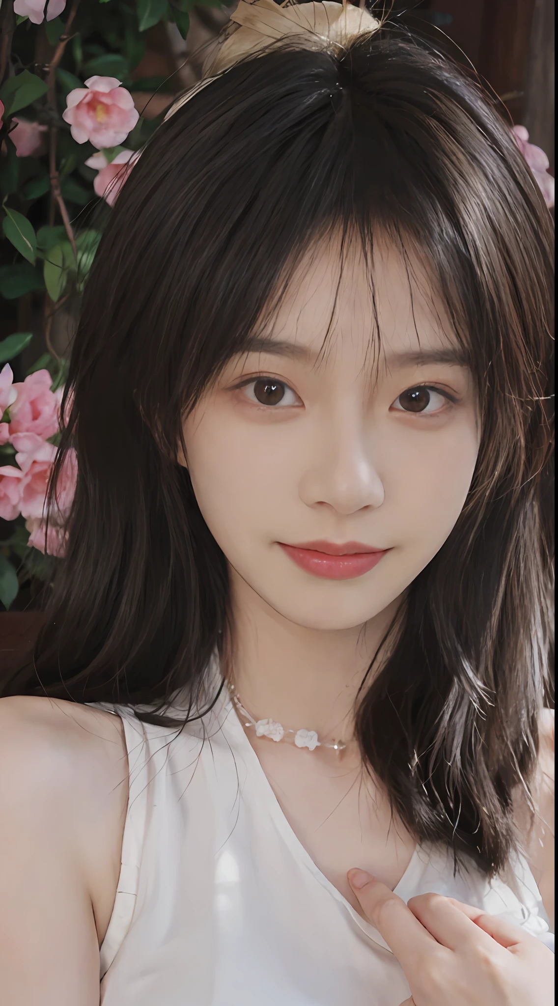 best qualtiy, 超高分辨率, (realisticlying:1.4),cute hairpin,Baoyu Girl,Stand in the wedding hall,(flatchest:1.1) ,A pair of clear and moving peach blossom eyes,Royal Sister,sunshine on face,Big wavy hairstyle,(choker necklace:1.2),(Fair skin:1.4),a sense of atmosphere,a beauty girl, ssmile,head straight-looking at viewer, closeup cleavage ,(Photorealistic:1.4),1girll,Sexy,(Upper body:1.4),(Wet body),(:1.2)