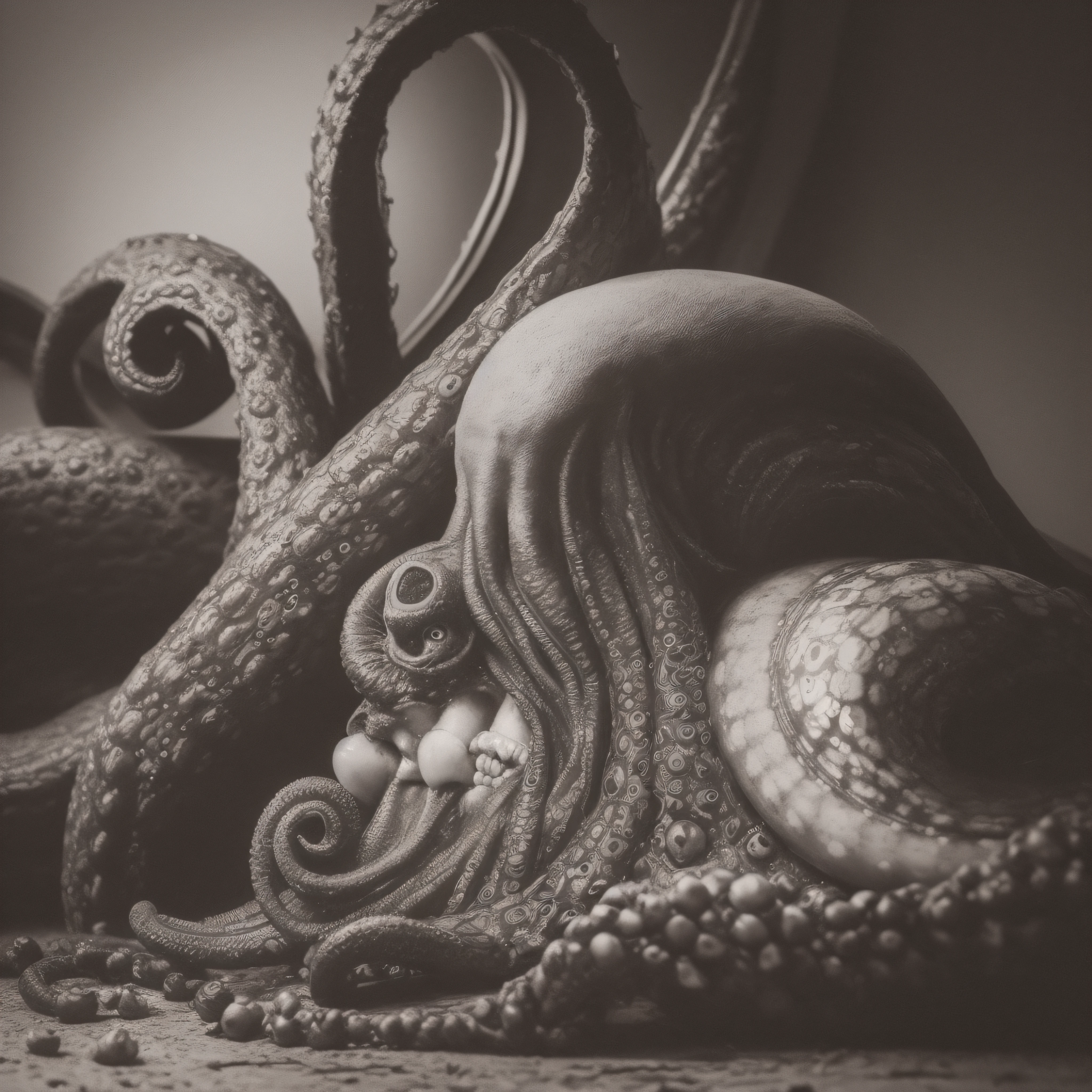 (extremadamente detallado, obra maestra, La mejor calidad), Estilo oscuro, intense illumination, rostro con arrugas, lengua larga, tentacle, deforme, monstruoso, interior de una piscina de agua verdosa, imagen submarina, alien con Colmillos finos, pico de pulpo amenazante. manchas de tinta. Rococo composition. Luz de caravaggio