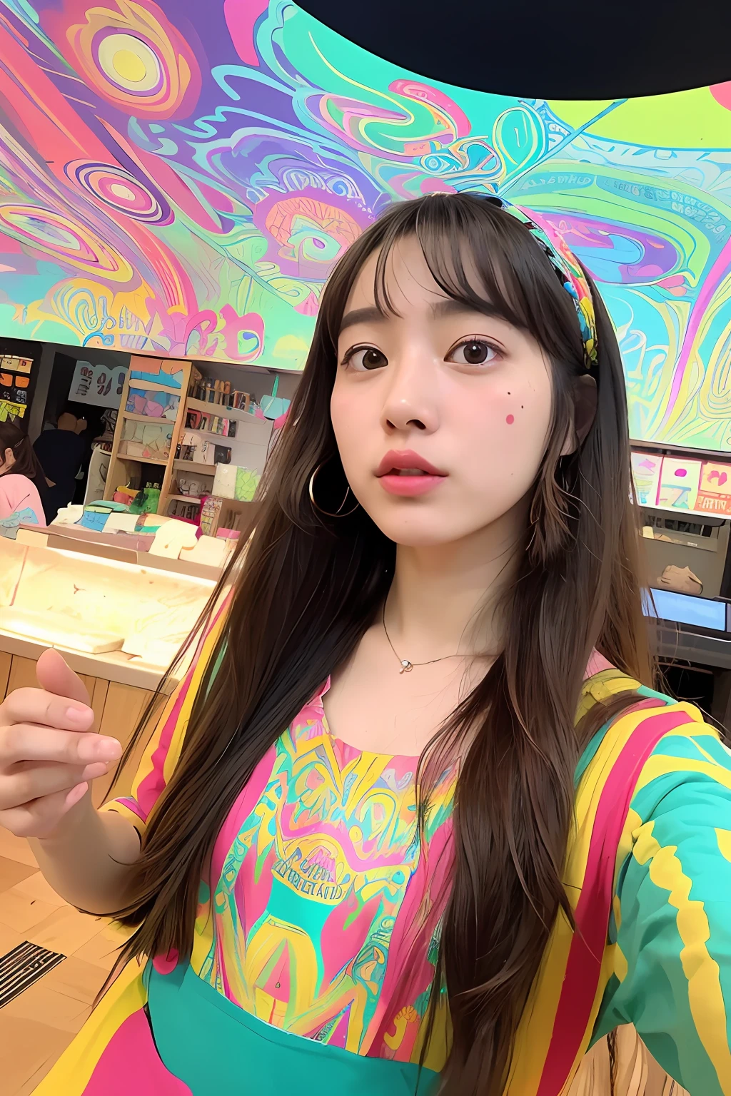 (extra detailed body、extra detailed face、best qualtiy:1.2)、femele、looking at the viewers、(Psychedelic pita pita clothes、White Afro、Wednesday's Campanella)、(Psychedelic on the background:1.4)
