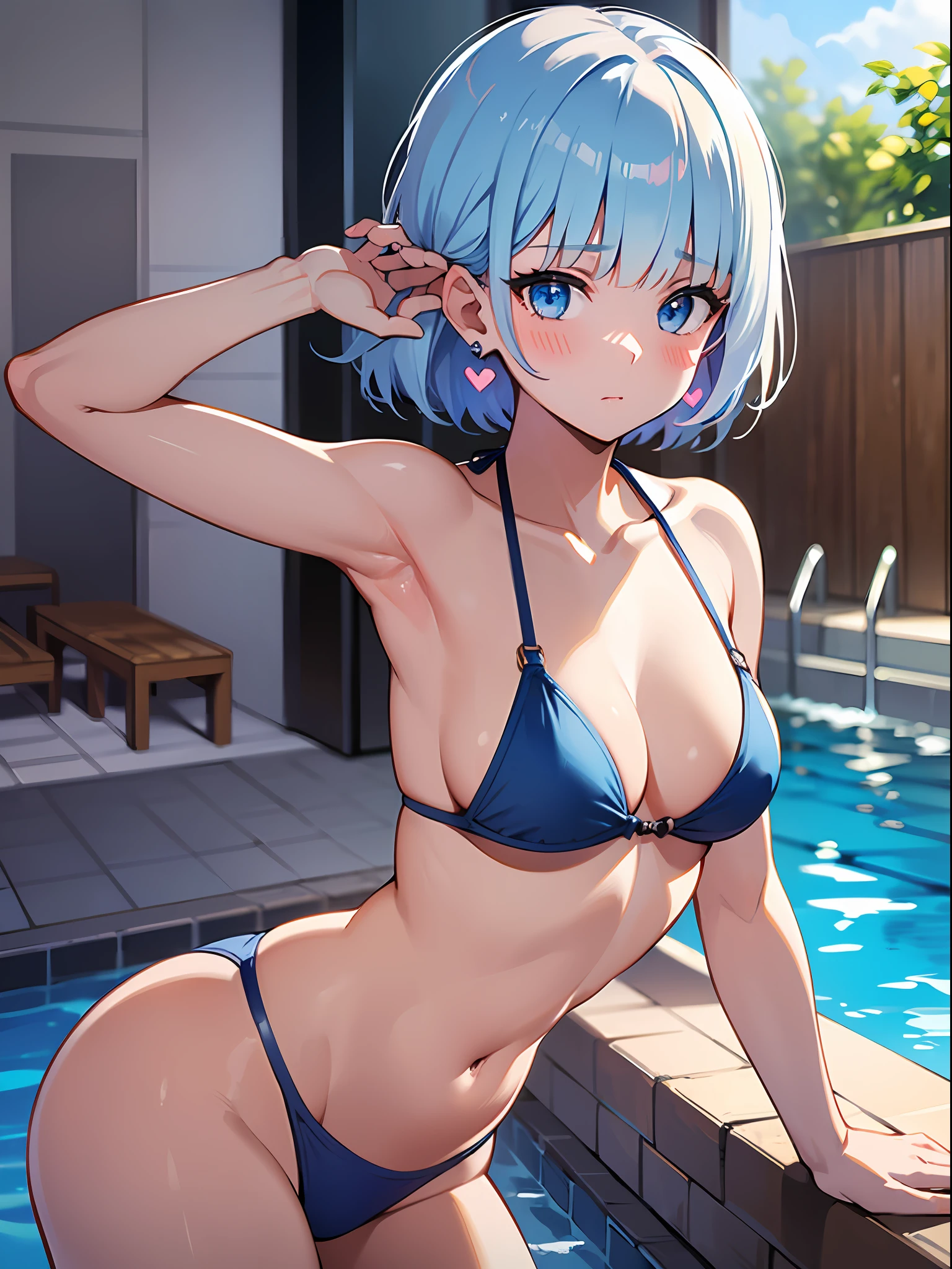 (masterpiece:1.3), (best quality:1.3), high resolution, 


sideboob, overlook view, couboy shot, 
leaning forward, arm up, body facing forward, 

(one cute girl:1.3), solo, 
white skin, small Breast, eight-headed person, 
light blue hair, (bobbed hair:1.2), (short hair:1.1), (blunt bangs:1.2), beautiful hair, blue eyes, beautiful detailed eyes, 

blush, heart, nervous, 

bikini, earrings, 

indoors, swimming pool, 

shadowlighting,