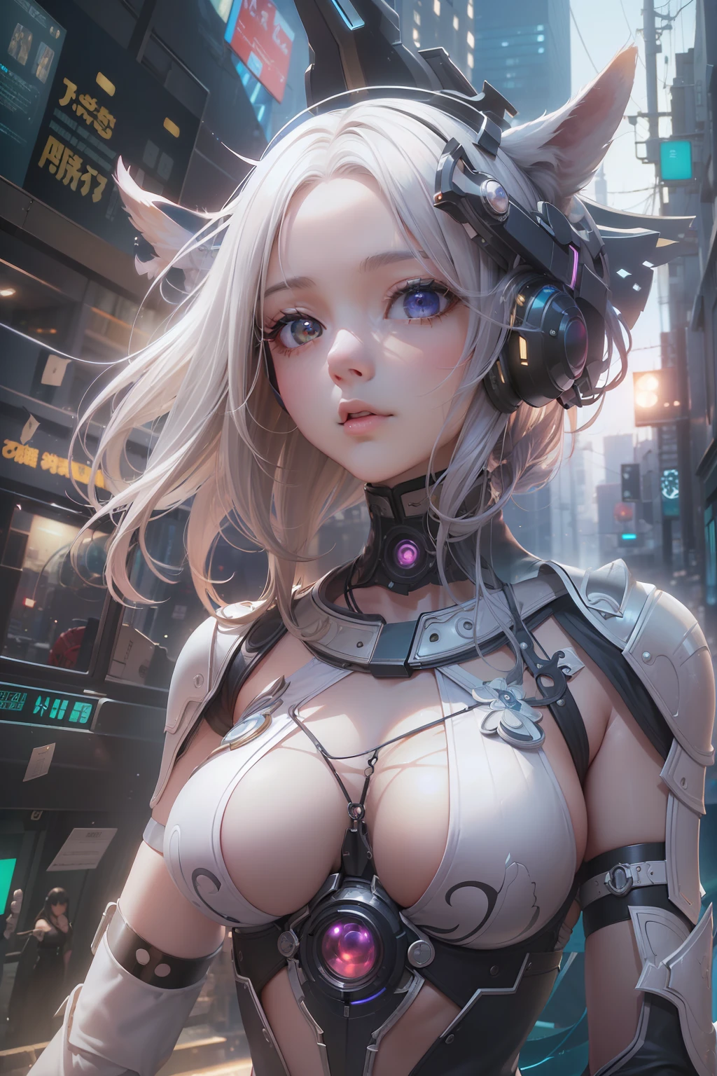 (((​masterpiece)))、(((top-quality)))、((ultra-definition))、(High Definition CG Illustration)、((extremely delicate and beautiful))、City of the Future、Cinematic Light、独奏、cyberpunked、2040s、animesque、Dreamy girl、witch style、magic circles、Magical space、trending on artstationh、Rachel Walker、