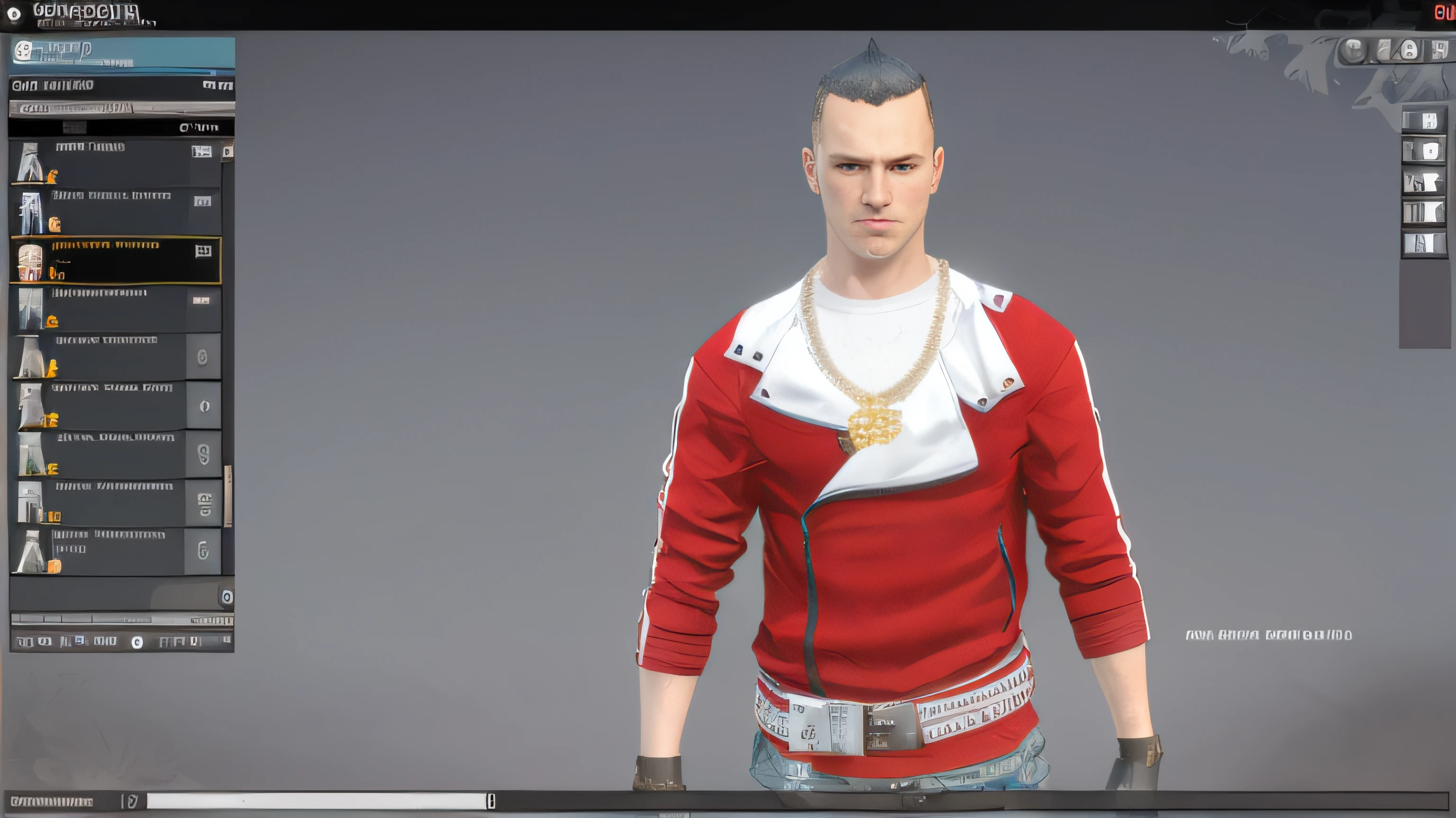 um close up de uma pessoa com uma camisa vermelha e uma corrente, mechanic punk outfit, gta personagem, roupas altamente detalhadas, avatar da parte superior do corpo, modelado em poser, personagem masculino, como um personagem de gtav, em roupas! altamente detalhado, Iconic character of high detail, cabelo punk detalhado, Personagem altamente detalhado, estilo de jogo square enix, parte superior do corpo altamente detalhada, com o rosto muito detalhado, piercings no rosto,