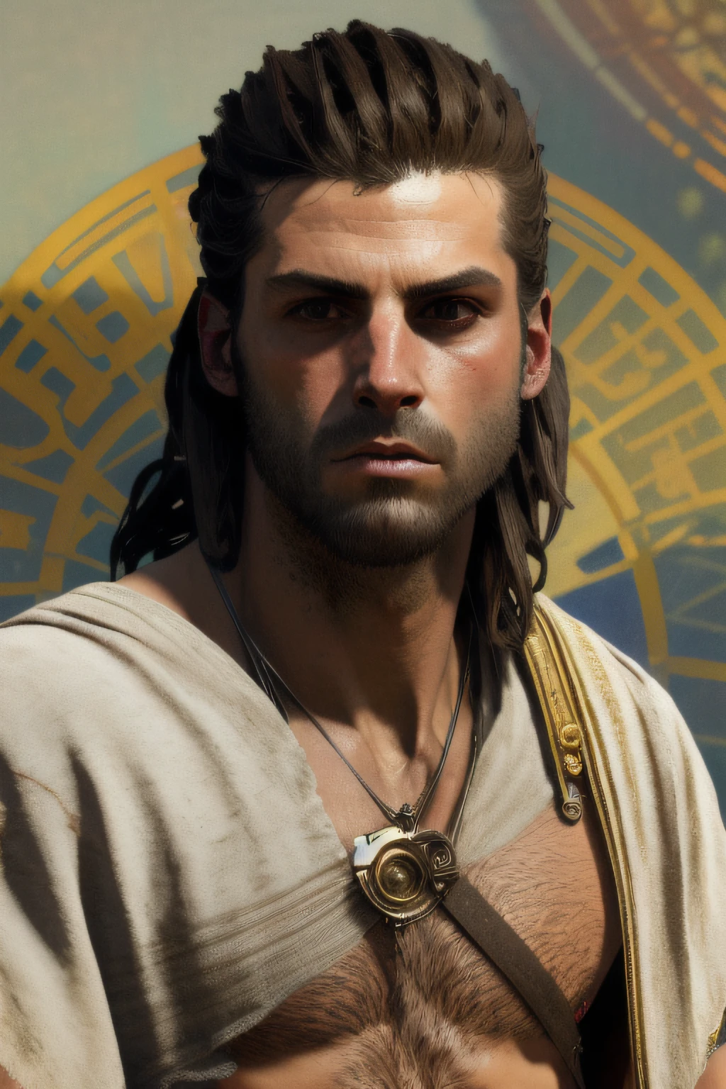 (digital art by Martin Deschambault, by Dean Cornwell, by Alphonse Mucha, painterly:1.5), Alexios had bronze skin, a strong chin and a fierce determination in his deep brown eyes. He wore long, leather sandals with thick straps and a heavy, wool cape draped over his torso and embroidered with his family crest. He carried two powerful swords, one with a long, curved blade and the other a short, metal shaft studded with iron spikes. Alexios moved with a purposeful stride, his muscles rippling with strength and agility. Every step, every action was motivated by honor and duty. He was a proud spartan mercenary that could not be deterred from his chosen path. cinematic, atmospheric, light particles, soft lighting, in ancient Greece,
