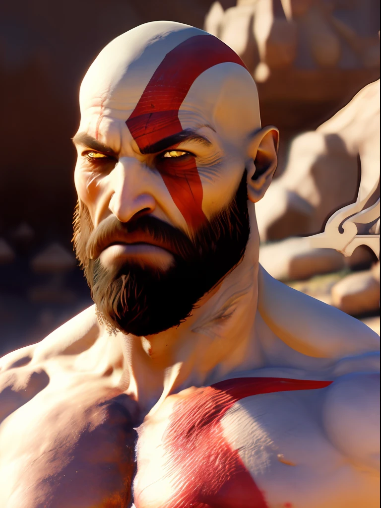 Bearded kratos person dressed in rich Egyptian spaulders, strong man, fierce expression, looking at the viewer, bursting into fury, flexing arms, blades, action shot, running, pharaoh armor, gold, lapiz lazuli, hieroglyphs, boots, desert, pyramids, soft impressionist perfect composition, character portrait, dynamic action shot, intricate, oil on canvas, masterpiece, expert, insanely detailed, 4k resolution, john william waterhouse, charlie bowater, agnes cecile, Mucha, Gabriel Ferrier, composition, beautiful detailed intricate insanely detailed octane render trending on artstation, 8k artistic photography