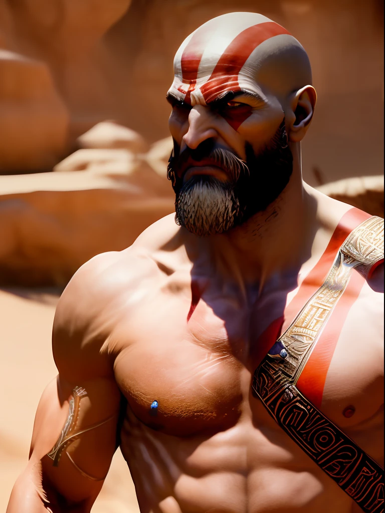 Bearded kratos person dressed in rich Egyptian spaulders, strong man, fierce expression, looking at the viewer, bursting into fury, flexing arms, blades, action shot, running, pharaoh armor, gold, lapiz lazuli, hieroglyphs, boots, desert, pyramids, soft impressionist perfect composition, character portrait, dynamic action shot, intricate, oil on canvas, masterpiece, expert, insanely detailed, 4k resolution, john william waterhouse, charlie bowater, agnes cecile, Mucha, Gabriel Ferrier, composition, beautiful detailed intricate insanely detailed octane render trending on artstation, 8k artistic photography