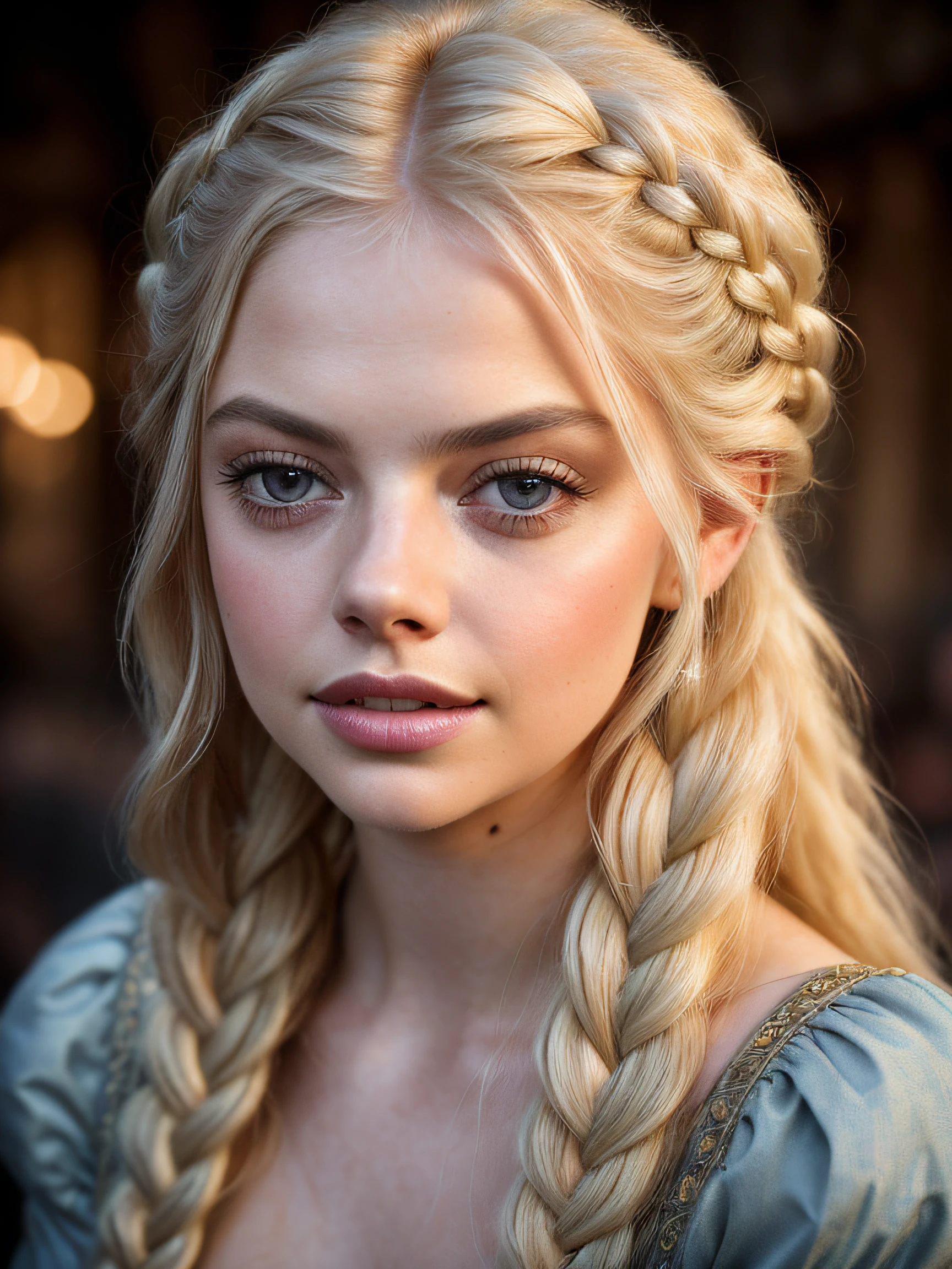 A (portrait photography: 1.2) close up portrait of Samara Weaving as a gorgeous 26 years old medieval fantasy prostitute, pale blonde hair, big single long braid, adult, fantasy medieval fantasy prostitute nice clothes, intellingent look, enticing smile, in a big medieval fantasy city, overcast, cinematic lighting, Canon EOS 5D Mark IV