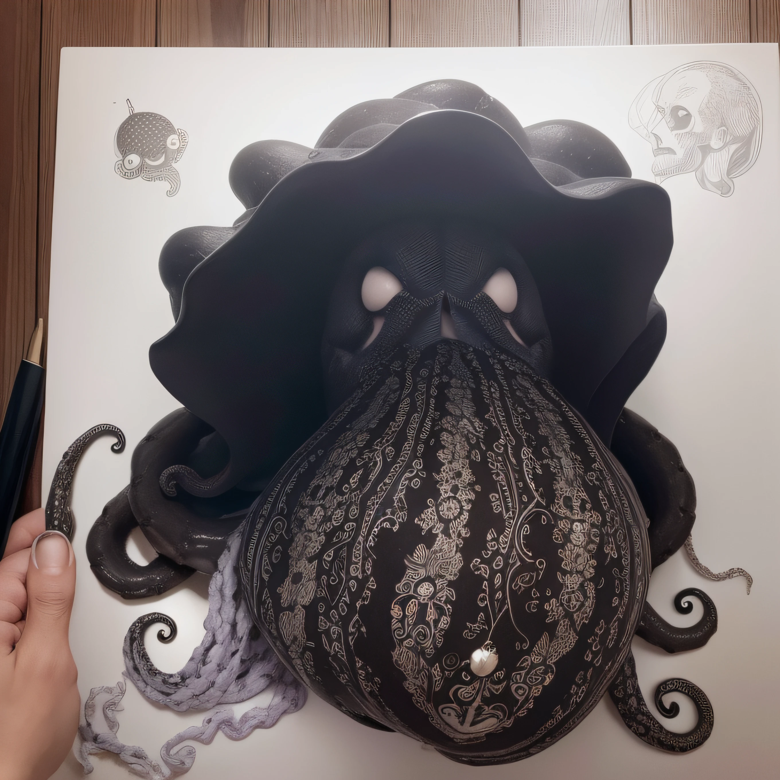 (extremadamente detallado, obra maestra, La mejor calidad), Estilo oscuro, intense illumination, rostro con arrugas, lengua larga, tentacle, deforme, monstruoso, interior de una piscina de agua verdosa, imagen submarina, alien con Colmillos finos, pico de pulpo amenazante. manchas de tinta. Rococo composition. Luz de caravaggio