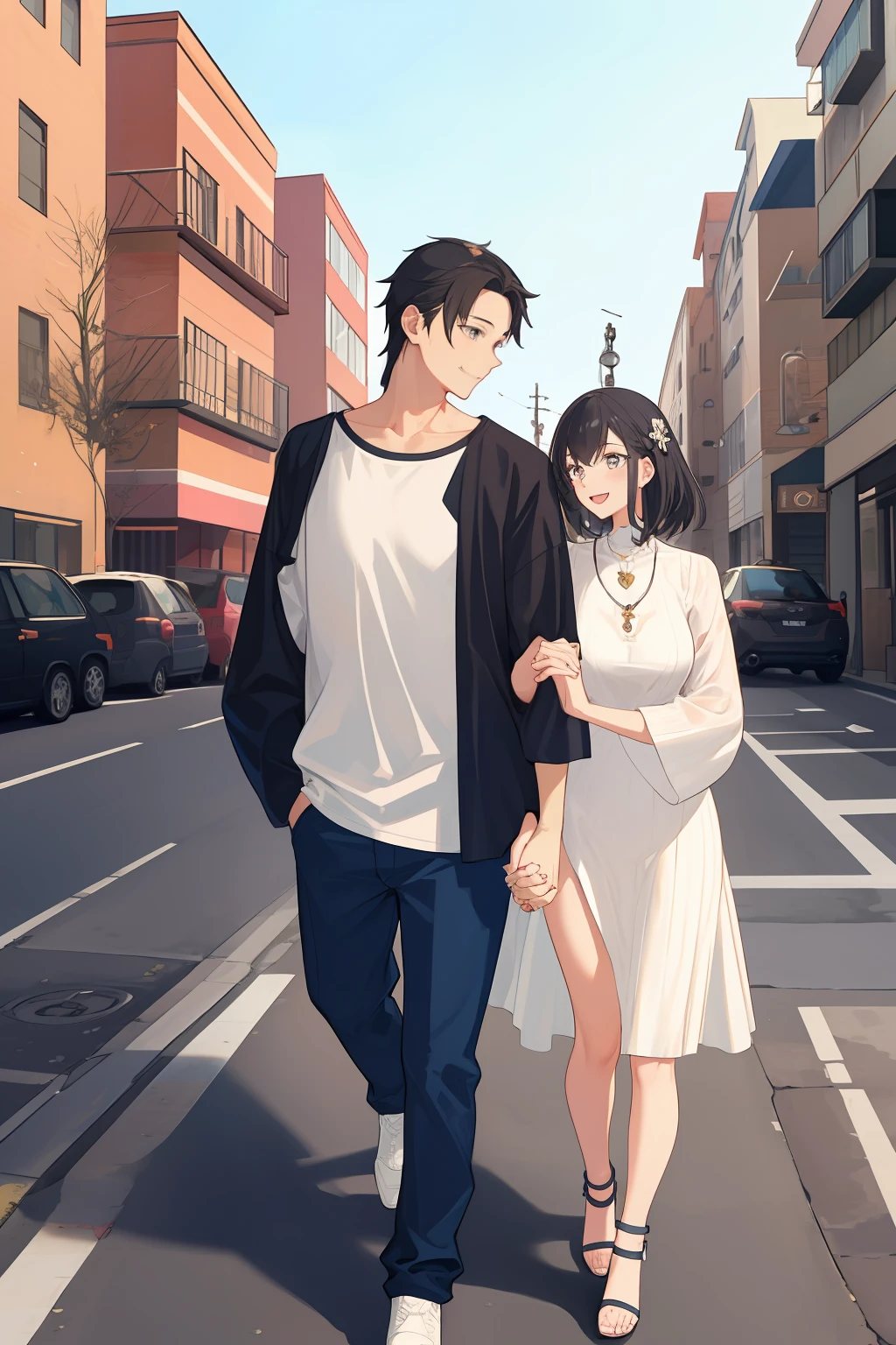 masterpiece, best quality, 2others, couple, 1man with 1woman, mature, adult, Height difference, different fashion, different color, finely detailed eyes and detailed face, intricate details, casual clothes, oversized shirt, modern urban street, holding hands, smile, happy, love