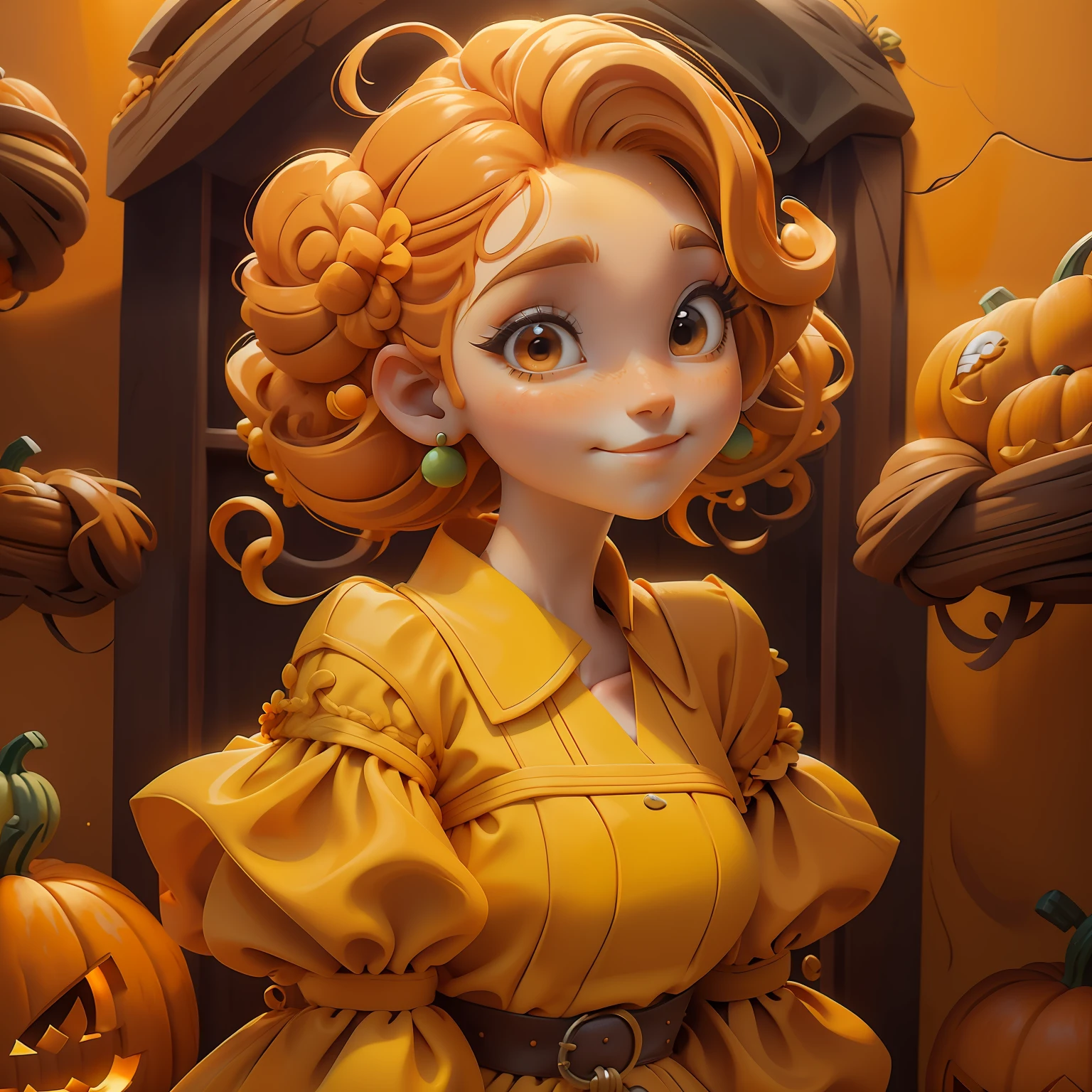 menina Lodo, (Lodo), Slime hair Penteado duplo buns estilo de cabelo, Orange Pumpkin, Vestido branco da princesa com cinto da arma, master part, best quality