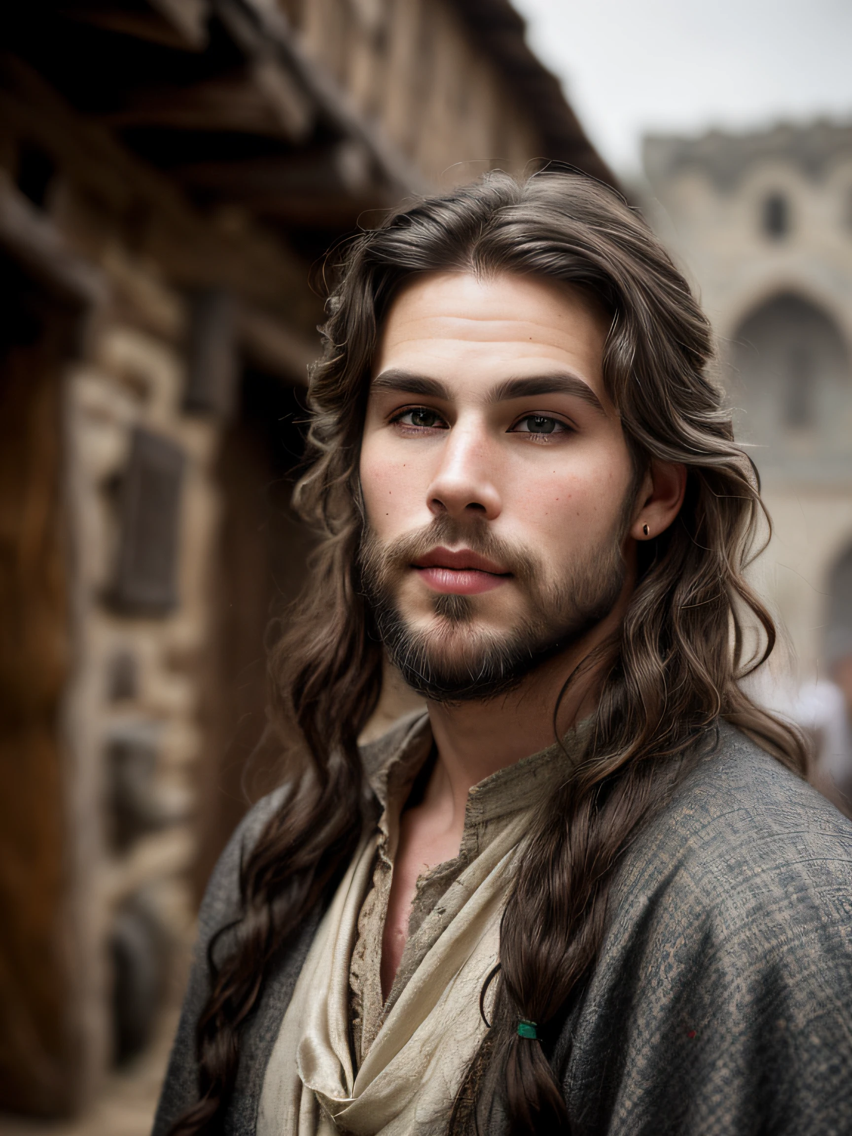 A (portrait photography: 1.2) close up portrait of a mix between Austin Butler and Ian Somerhalder as a charming 30 years old medieval fantasy male, pale skin, very long wavy shabby black hair parted in the middle, incredible grey eyes, long arched eyebrows, thick lush beard, adult facial hair, medieval fantasy clothes, intense look, fascinating, slim and athletic, in a big medieval fantasy city, overcast, cinematic lighting, Canon EOS 5D Mark IV