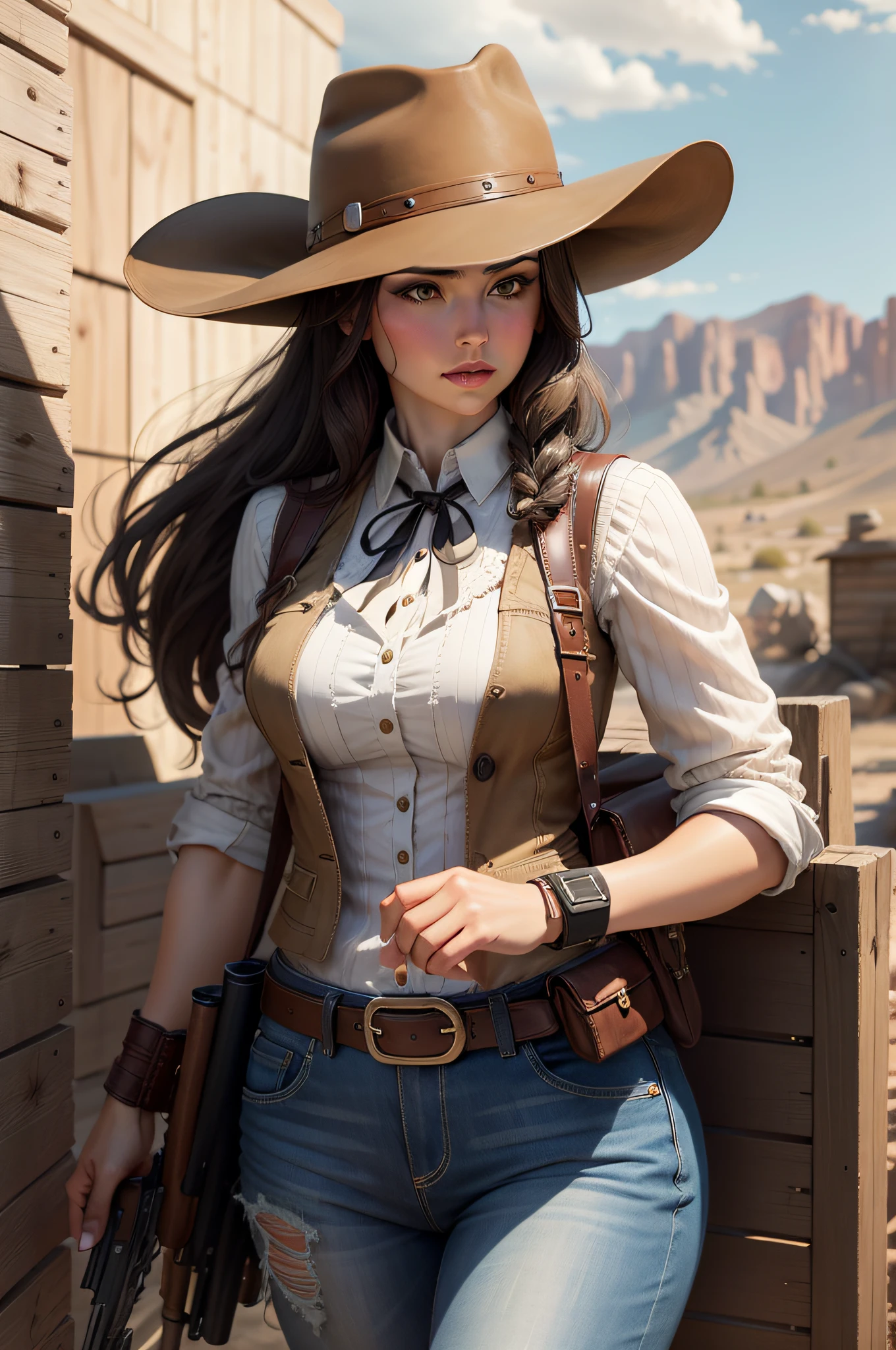 Perfectly beautiful western woman, hat, shotgun cartoon