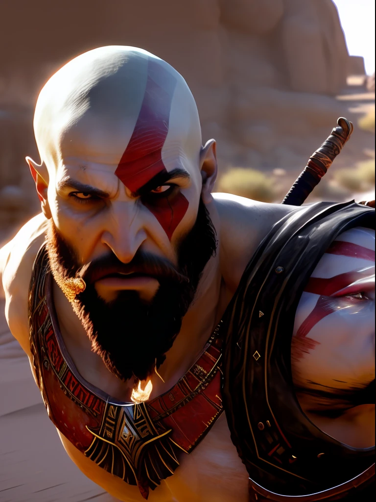 Bearded kratos person dressed in rich Egyptian spaulders, strong man, fierce expression, looking at the viewer, bursting into fury, flexing arms, blades, action shot, running, pharaoh armor, gold, lapiz lazuli, hieroglyphs, boots, desert, pyramids, soft impressionist perfect composition, character portrait, dynamic action shot, intricate, oil on canvas, masterpiece, expert, insanely detailed, 4k resolution, john william waterhouse, charlie bowater, agnes cecile, Mucha, Gabriel Ferrier, composition, beautiful detailed intricate insanely detailed octane render trending on artstation, 8k artistic photography