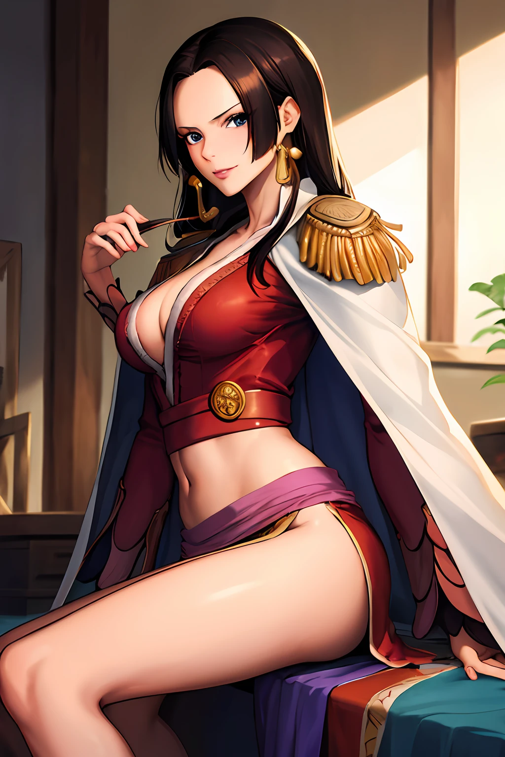 masterpiece, best quality, highres, hancock1, boa hancock, large breasts, epaulettes, cape, crop top, side slit, cowboy shot, sitting,