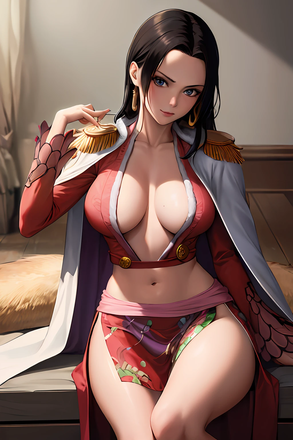 masterpiece, best quality, highres, hancock1, boa hancock, large breasts, epaulettes, cape, crop top, side slit, cowboy shot, sitting,