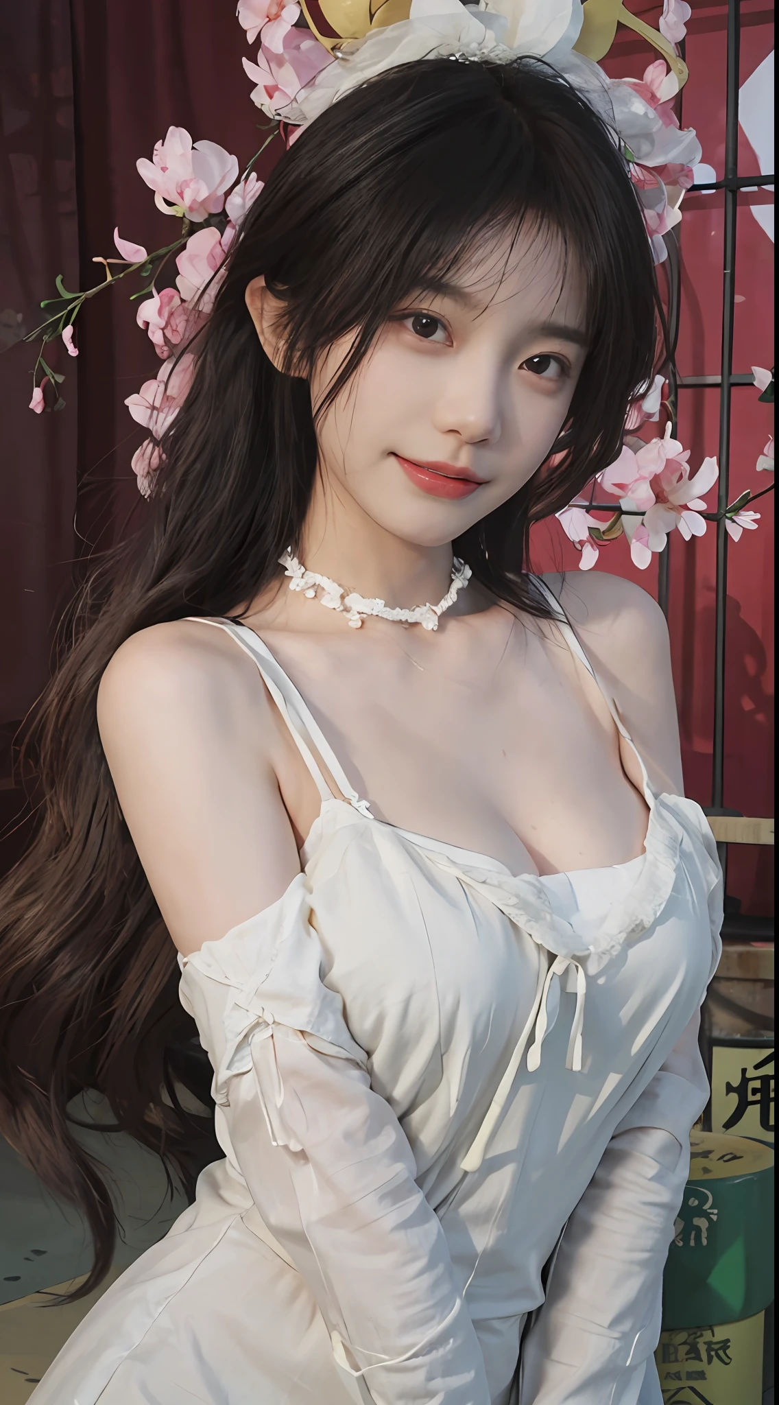 best qualtiy, 超高分辨率, (realisticlying:1.4),cute hairpin,Baoyu Girl,Stand in the wedding hall,(flatchest:1.1) ,A pair of clear and moving peach blossom eyes,Royal Sister,sunshine on face,Big wavy hairstyle,(choker necklace:1.2),(Fair skin:1.4),a sense of atmosphere,a beauty girl, ssmile,head straight-looking at viewer, closeup cleavage ,(Photorealistic:1.4),1girll,Sexy,(Upper body:1.4),(Wet body),(:1.2)