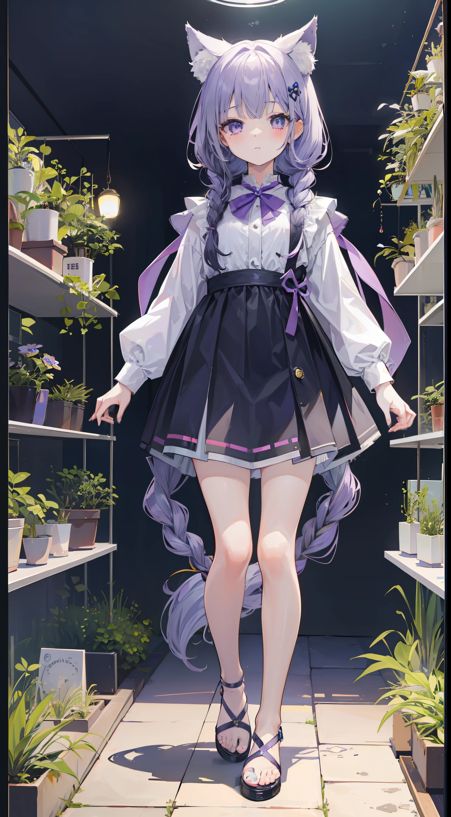 One girl、（（（miniature garden）））、aquariums、Gray-purple hair、Two figure-eight braids、Wolf ears，coda，tmasterpiece、Top image quality、top-quality、Cute Baby Turtle、校服、standing on your feet、