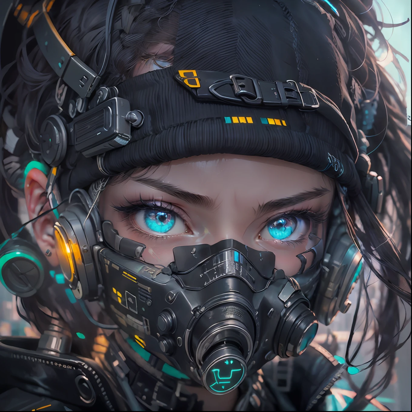 1girl, wear cyberpunk mask, neon mask, detail mask, face portrait, close up shot, from above, cyberpunk city