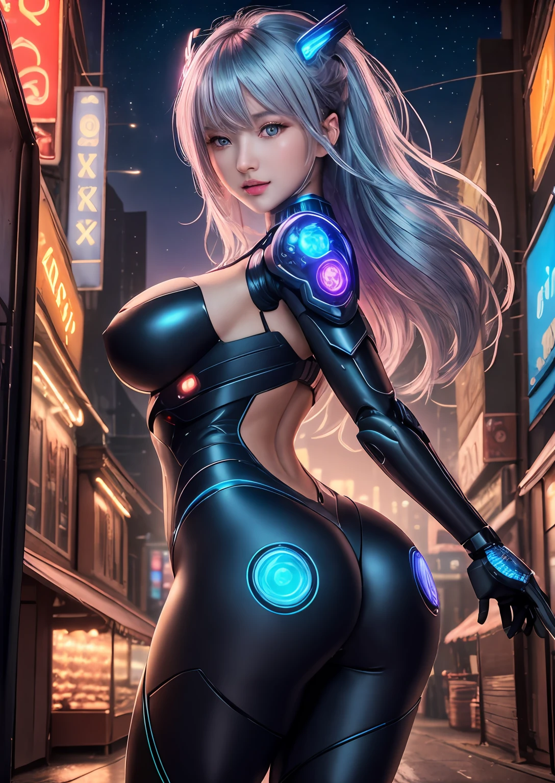 best quality, 8k, photography, beautiful eyes, detailed eyes, giant 3d printer, night market, arsenal, neon light, starry night, 1girl, cyborg, fullbody, perfect body, chasing by cyborg enemies, battelfield background, medium breast, back viewer, big ass,